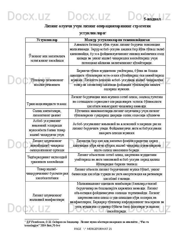 5-жадвал
Лизинг олувчи учун лизинг операцияларининг стратегик
устунликлари 4
Устунликлар Мазкур устунликларни таъминлайдиган
Ўзининг илк капиталига
эҳтиёжнинг пасайиши Аввалига битишув тўла-тукис лизинг берувчи томонидан
молияланади. Зарур асбоб-ускуна ҳақини бир йўла тўлаш талаб
қилинмайди, бу эса фойдаланувчининг ликвид маблағини озод
қилади ва унинг ишлаб чиқаришни кенгайтириш учун
потенциал айланма капиталининг кўпайтиради.
Тўловлар тизимининг
мосланувчанлиги Биринчи тўлов муддатини узайтириш, бўлак ва бошқа
шаклдаги тўловларни аста-секин кўпайтириш ёки камайтириш
мумкин. Лизингга олинган асбоб-ускунада ишлаб чиқарилган
товар ва хизматлар шаклида фойдадан тўловларни амалга
ошириш мумкин.
Трансакциялардаги тежаш. Лизинг берувчидан мол-мулкни сотиб олиш, сақлаш,тугатиш
ва сотишдаги сермеҳнат операцияларга эҳтиёж бўлмаслиги
ҳисобига маъмурият чиқимлар камаяди.
Солиқ имтиёзлари,
лизингнинг давлат
томонидан қўллаб- Кўпчилик мамлакатларда лизинг олувчилар учун лизинг
тўловларини сундириш даврида солиқ соҳасида қўшимча
имтиёзлар берилади.
Асбоб-ускунанинг
маънавий эскириши
муносабати билан товар
ишлаб чиқарувчи учун
рисклар камайиши. Асбоб-ускунанинг маънавий ва жисмоний эскириши риски
лизинг берувчига утади.Фойдаланувчи янги асбобускунани
ижарага олиши мумкин.
Лизинг олувчининг
илмийишлаб чиқариш
салоҳиятининг ортиши Лизингда бир хил илк капитал фоизли кредитни харид
қилгандан кўра анча кўпроқ ишлаб чиқариш қувватларини
ишга солиш имконини беради.
Тадбиркорнинг иқтисодий
эркинлиги кенгайиши Лизинг объектини сотиб олиш, шартнома муддатини
узайтириш ва янги замонавий асбоб-ускуна харид қилиш
йўлларидан бирини танлаш.
Товар ишлаб-
чиқарувчининг бухгалтерия
хисобкитобини
мақбуллаштириш соҳасида Лизинг объекти лизинг берувчининг мулки бўлиб, унинг
балансида ҳисобда туради ва унга амортизация ажратмалари
ҳисоблаб ёзилади.
Лизинг олувчининг
молиявий манфаатлари Молиялашнинг одатдаги манбалари (банклар,етказиб
берунчилар ва бошқалар)га қарамлик камаяди. Лизинг
объектидан фойдиланувчи солиққа тортилмайди. Лизинг
шартномасини олиш ссуда олишдан кўра осонроқ ва
манфаатлироқ. Барқарор тўловлар инфляциянинг таъсирини ва
узоқ муддатли ссудалар бўйича банк фоизлари усишини
пасайтиради.
4
 Д.Ғ.Ғозибеков, О.Ш.Сабиров ва бошқалар. Лизинг муносабатлари назарияси ва амалиёти., “Fan va 
texnologiya” 2004 йил,70-бет
 PAGE   \* MERGEFORMAT 21 