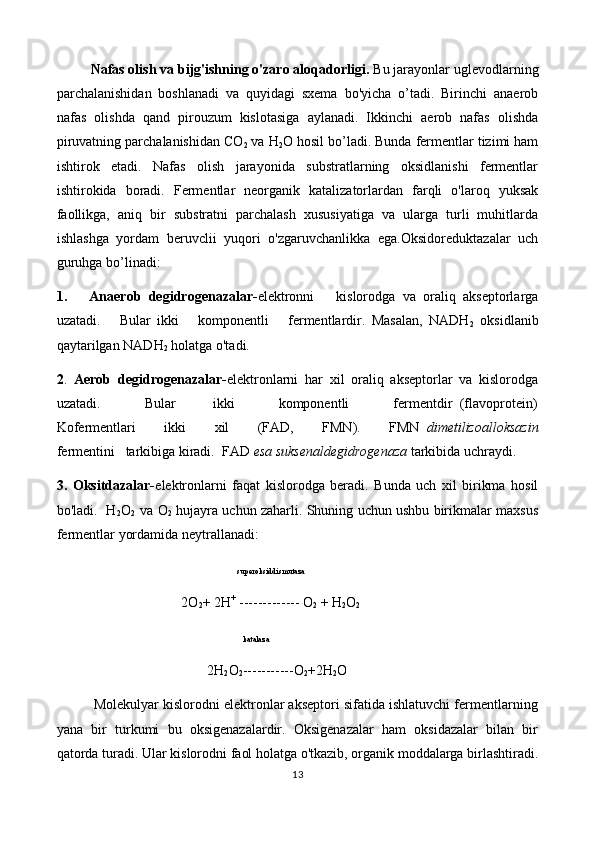            Nafas olish va bijg'ishning o'zaro aloqadorligi.  Bu jarayonlar uglevodlarning
parchalanishidan   boshlanadi   va   quyidagi   sxema   bo'yicha   o’tadi.   Birinchi   anaerob
nafas   olishda   qand   pirouzum   kislotasiga   aylanadi.   Ikkinchi   aerob   nafas   olishda
piruvatning parchalanishidan CO
2  va H
2 O hosil bo’ladi. Bunda fermentlar tizimi ham
ishtirok   etadi.   Nafas   olish   jarayonida   substratlarning   oksidlanishi   fermentlar
ishtirokida   boradi.   Fermentlar   neorganik   katalizatorlardan   farqli   o'laroq   yuksak
faollikga,   aniq   bir   substratni   parchalash   xususiyatiga   va   ularga   turli   muhitlarda
ishlashga   yordam   beruvclii   yuqori   o'zgaruvchanlikka   ega.Oksidoreduktazalar   uch
guruhga bo’linadi:
1.       Anaerob   de gidrogenazalar- elektronni       kislorodga   va   oraliq   akseptorlarga
uzatadi.       Bular   ikki       komponentli       fermentlardir.   Masalan,   NADH
2   oksidlanib
qaytarilgan NADH
2  holatga o'tadi.
2 .   Aerob   degidrogenazalar- elektronlarni   har   xil   oraliq   akseptorlar   va   kislorodga
uzatadi.             Bular           ikki             komponentli             fermentdir   (flavoprotein)
Kofermentlari           ikki           xil           (FAD,           FMN).           FMN   dimetilizoalloksazin
fermentini   tarkibiga kiradi.  FAD  esa suksenaldegidrogenaza  tarkibida uchraydi.
3.   Oksitdazalar- elektronlarni   faqat   kislorodga   beradi.   Bunda   uch   xil   birikma   hosil
bo'ladi.  H
2 O
2    va O
2  hujayra uchun zaharli. Shuning uchun ushbu birikmalar maxsus
fermentlar yordamida neytrallanadi:
                                                   
 superoksiddismutaza
                                     2O
2 + 2H +
 ------------- O
2  + H
2 O
2
                                                                                            katalaza
                                           2H
2 O
2 -----------O
2 +2H
2 O
          Molekulyar kislorodni elektronlar akseptori sifatida ishlatuvchi fermentlarning
yana   bir   turkumi   bu   oksigenazalardir.   Oksigenazalar   ham   oksidazalar   bilan   bir
qatorda turadi. Ular kislorodni faol holatga o'tkazib, organik moddalarga birlashtiradi.
13 