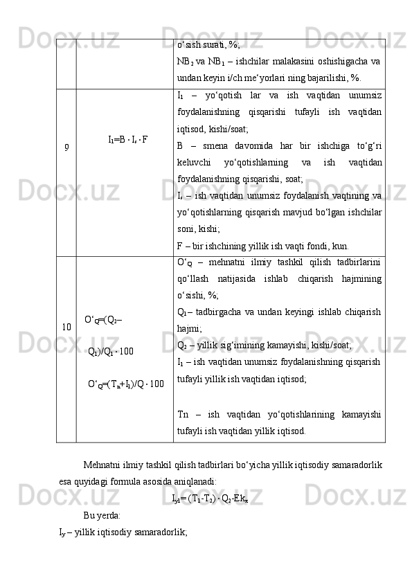 o‘sish   surati,   %;
NB
2  va   NB
1   –   ishchilar   malakasini   oshishigacha   va  
undan   keyin   i/ch   me‘yorlari   ning   bajarilishi,   %.
9 I
1 =B  I
s  F I
1   –   yo‘qotish   lar   va   ish   vaqtidan   unumsiz
foydalanishning   qisqarishi   tufayli   ish   vaqtidan
iqtisod,   kishi/soat;
B   –   smena   davomida   har   bir   ishchiga   to‘g‘ri
keluvchi   yo‘qotishlarning   va   ish   vaqtidan
foydalanishning   qisqarishi,   soat;
I
s   –   ish   vaqtidan   unumsiz   foydalanish   vaqtining   va
yo‘qotishlarning qisqarish mavjud bo‘lgan ishchilar
soni,   kishi;
F   –   bir   ishchining   yillik   ish   vaqti   fondi,   kun.
O‘
Q   –   mehnatni   ilmiy   tashkil   qilish   tadbirlarini
qo‘llash natijasida ishlab chiqarish hajmining
o‘sishi,   %;
10 O‘
Q =(Q
2 –
Q
1 )/Q
1  100  
O‘
Q =(T
n +I
1 )/Q  100 Q
1 –   tadbirgacha   va   undan   keyingi   ishlab   chiqarish  
hajmi;
Q
2   –   yillik   sig‘imining   kamayishi,   kishi/soat;
I
1   –   ish   vaqtidan   unumsiz   foydalanishning   qisqarish  
tufayli yillik ish vaqtidan   iqtisod;
Tn – ish vaqtidan yo‘qotishlarining kamayishi
tufayli   ish   vaqtidan   yillik   iqtisod.
Mehnatni ilmiy tashkil qilish tadbirlari bo‘yicha yillik iqtisodiy samaradorlik
esa   quyidagi   formula   asosida aniqlanadi:
I
y1 =   (T
1 -T
2 )  Q
2 -Ek
x
Bu yerda:
I
y   –   yillik   iqtisodiy   samaradorlik;
