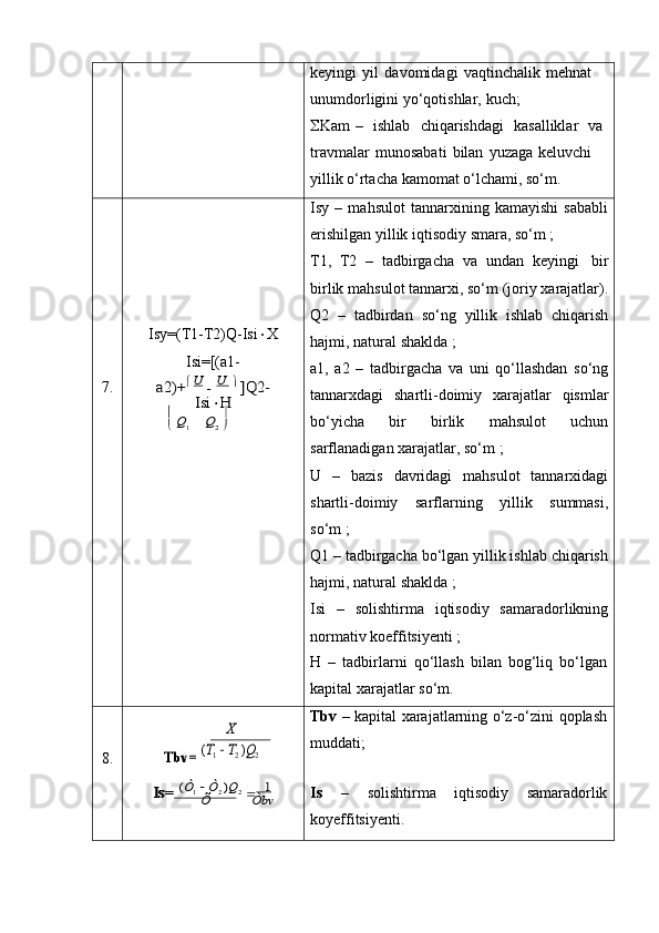 keyingi   yil   davomidagi   vaqtinchalik   mehnat  
unumdorligini yo‘qotishlar,   kuch;
 Kam   –   ishlab   chiqarishdagi   kasalliklar   va
travmalar   munosabati   bilan   yuzaga   keluvchi  
yillik   o‘rtacha   kamomat o‘lchami,   so‘m.
7. Isy=(T1-T2)Q-Isi  X
Isi=[(a1-a2)+	 U  U 	  ]Q2-	
Isi	H			
 Q1	Q2  Isy   –   mahsulot   tannarxining   kamayishi   sababli
erishilgan yillik   iqtisodiy   smara,   so‘m   ;
T1,   T2   –   tadbirgacha   va   undan   keyingi   bir
birlik mahsulot tannarxi, so‘m (joriy xarajatlar).
Q2   –   tadbirdan   so‘ng   yillik   ishlab   chiqarish
hajmi,   natural   shaklda   ;
a1,   a2   –   tadbirgacha   va   uni   qo‘llashdan   so‘ng
tannarxdagi   shartli-doimiy   xarajatlar   qismlar
bo‘yicha   bir   birlik   mahsulot   uchun
sarflanadigan xarajatlar,   so‘m   ;
U   –   bazis   davridagi   mahsulot   tannarxidagi
shartli-doimiy   sarflarning   yillik   summasi,
so‘m   ;
Q1 – tadbirgacha bo‘lgan yillik ishlab chiqarish
hajmi,   natural   shaklda   ;
Isi   –   solishtirma   iqtisodiy   samaradorlikning
normativ koeffitsiyenti   ;
H   –   tadbirlarni   qo‘llash   bilan   bog‘liq   bo‘lgan
kapital   xarajatlar   so‘m.
8.
Х	
Tbv=	 (Т1  Т2 )Q2	
Is=	 (Ò1  Ò2 )Q2        1      	
Õ	Òbv Tbv   –   kapital   xarajatlarning   o‘z-o‘zini   qoplash
muddati;
Is – solishtirma iqtisodiy samaradorlik
koyeffitsiyenti. 