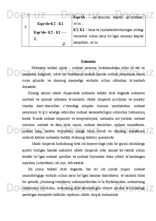 9 Kqo’sh=K2 - K1  
Kqo’sh=   K2   - K1   
Q
2Q1 Kqo’sh – qo‘shimcha kapital qo‘yilmalar,
so‘m.;
K2,   K1   –   baza va loyihalashtirilayotgan   yildagi
variantlar   uchun   zarur   bo‘lgan   umumiy   kapital
xarajatlari,   so‘m.
Xulosalar
Mehnatni   tashkil   qilish   –   mehnat   jarayoni   boshlanishdan   oldin   ob‘ekt   va
maqsadni  belgilash, uslub va vositalarini tanlash hamda mehnat  jarayonida ularni
rioya   qilinishi   va   ularning   maqsadga   erishishi   uchun   ishlashini   ta‘minlash
demakdir.
Hozirgi   zamon   ishlab   chiqarishda   mehnatni   tashkil   etish   deganda   mehnatni
muttasil   va   optimal   ishlashni   ta‘minlash,   ishlab   chiqarish   ijrochilari   va   moddiy
texnika   shart-sharoitlari   o‘rtasidagi   aloqalar   tizimini   yaxshilashni   mehnat
jarayonini to‘g‘ri amalga oshirishni  mehnat samaradorligini oshirishni tushunmoq
kerak.   Bunda   mehnat   taqsimoti   va   kooperatsiyasi,   mehnatni   me‘yorlash,   mehnat
intizomi,   mehnat   va   dam   olish   rejimi,   mehnat   sharoitlari,   mehnat   muxofazasi,
mehnat   haqi,   kadrlar   tayyorlash,   ularga   bilim   berish   va   ularning   malakasini
oshirish   kabilar mehnatni tashkil etishning   tarkibiy   qismlaridir.
Ishlab chiqarish hududining bitta ish bajaruvchiga yoki bir guruh ishchilarga
ajratib   berilgan   hamda   mahsulot   ishlab   chiqarish   yoki   xizmat   ko‘rsatish   uchun
kerakli   bo‘lgan   mehnat   qurollari   va   mehnat   buyumlari   bilan   yetarli   ta‘minlangan
maydoni (uchastkasi)   ish   joyi,   deb ataladi.
Ish   joyini   tashkil   etish   deganda,   har   bir   ish   joyida   yuqori   mehnat
unumdorligiga   erishish   uchun   zarur   bo‘lgan   hamma  sharoitlarni   ta‘minlash   bilan
bir qatorda, jihozning texnikaviy imkoniyatlaridan to‘la foydalanishni, mehnatning
mazmunini boyitishni, xodimning sihat-salomatligini ehtiyot qilishni ta‘minlashga
qaratilgan   kompleks   tadbirlar   rejalarini ishlab   chiqish tushuniladi. 