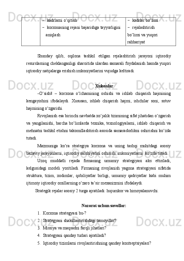 - kadrlarni   o‘qitish
- korxonaning   rejani   bajarishga   tayyorligini  
aniqlash - kadrlar   bo‘limi
- rejalashtirish  
bo‘limi   va   yuqori  
rahbariyat
Shunday   qilib,   oqilona   tashkil   etilgan   rejalashtirish   jarayoni   iqtisodiy
resurslarning cheklanganligi sharoitida ulardan samarali foydalanish hamda yuqori
iqtisodiy   natijalarga   erishish   imkoniyatlarini   vujudga   keltiradi.
Xulosalar―
O ‘ si s h	‖     –    k o r x o na    o ‘ lc h a m ini n g    o sh i s hi    va    i s h l a b    c h i qa r i sh    ha j m in in g
kengayishini   ifodalaydi.   Xususan,   ishlab   chiqarish   hajmi,   ishchilar   soni,   sotuv
hajmining o‘zgarishi.
Rivojlanish esa birinchi navbatda xo‘jalik tizimining sifat jihatidan o‘zgarish
va   yangilanishi,   barcha   bo‘limlarda   texnika,   texnologiyalarni,   ishlab   chiqarish   va
mehnatni tashkil etishni takomillashtirish asosida samaradorlikni oshirishni ko‘zda
tutadi.
Mazmuniga   ko‘ra   strategiya   korxona   va   uning   tashqi   muhitdagi   asosiy
bazaviy   jarayonlarni,   iqtisodiy   salohiyatini   oshirish,   imkoniyatlarni   ko‘zda   tutadi.
Uzoq   muddatli   rejada   firmaning   umumiy   strategiyasi   aks   ettiriladi,
kelgusidagi   modeli   yoritiladi.   Firmaning   rivojlanish   yagona   strategiyasi   sifatida
struktura,   tizim,   xodimlar,   qobiliyatlar   birligi,   umumiy   qadriyatlar   kabi   muhim
ijtimoiy   iqtisodiy   omillarning   o‘zaro ta‘sir   mexanizmini   ifodalaydi.
Strategik   rejalar   asosiy   2   turga   ajratiladi:   hujumkor   va   himoyalanuvchi.
Nazorat   uchun   savollar:
1. Korxona   strategyasi   bu-?
2. Strategyani   shakillantirishdagi   tamoyillar?
3. Missiya   va   maqsadni   farqli   jihatlari?
4. Strategyani   qanday   turlari   ajratiladi?
5. Iqtisodiy   tizimlarni   rivojlantirishning   qanday   kontseptsiyalari? 