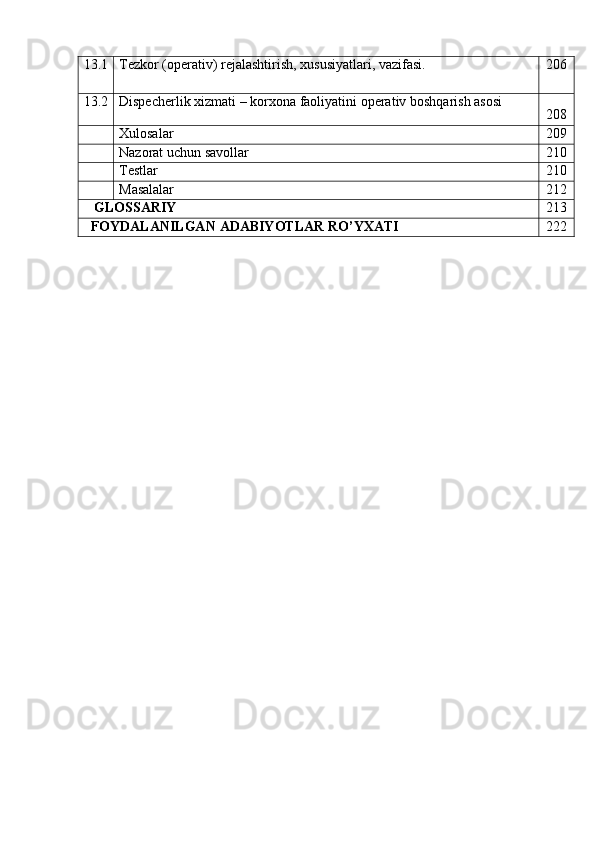 13.1 Tеzkor   (opеrativ)   rеjalashtirish,   xususiyatlari,   vazifasi. 206
13.2 Dispеcherlik   xizmati   –   korxona   faoliyatini   opеrativ   boshqarish   asosi
208
Xulosalar 209
Nazorat   uchun   savollar 210
Testlar 210
Masalalar 212
GLOSSARIY 213
FOYDALANILGAN   ADABIYOTLAR   RO’YXATI 222 