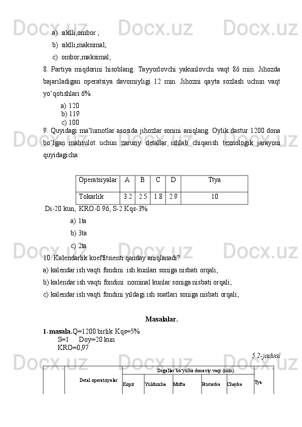 a) siklli,ombor   ;
b) siklli,maksimal;
c) ombor,maksimal;
8. Partiya   miqdorini   hisoblang.   Tayyorlovchi   yakunlovchi   vaqt   86   min.   Jihozda
bajariladigan   operatsiya   davomiyligi   12   min.   Jihozni   qayta   sozlash   uchun   vaqt
yo‘qotishlari 6%.
a)   120
b)   119
c)   100
9. Quyidagi ma‘lumotlar asosida jihozlar sonini aniqlang. Oylik dastur 1200 dona
bo‘lgan   mahsulot   uchun   zaruriy   detallar   ishlab   chiqarish   texnologik   jarayoni
quyidagicha:
Operatsiyalar A B C D Ttya
Tokarlik 3.2 2.5 1.8 2.9 10
Di-20   kun,   KRO-0.96,   S-2   Kqs-3%
a) 1ta
b) 3ta
c) 2ta
10. Kalendarlik   koeffitsienti   qanday   aniqlanadi?
a) kalendar   ish   vaqti   fondini   ish   kunlari   soniga   nisbati   orqali;
b) kalendar   ish   vaqti   fondini   nominal   kunlar   soniga   nisbati   orqali;
c) kalendar   ish   vaqti   fondini   yildagi   ish soatlari   soniga   nisbati   orqali;
1- masala. Q=1200   birlik   Kqs=5%
S=1 Doy=20 kun  
KRO=0,97 Masalalar.
5.2-jadval
Detal   operatsiyalar Degallar   bo‘yicha   donaviy   vaqt   (min)
Tya
Kopir Yulduzcha Mufta Pristavka Chayka 