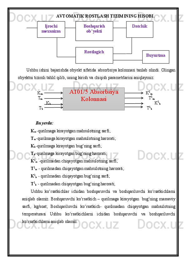 AVTOMATIK ROSTLASH TIZIMINING HISOBI .
Ushbu ishini bajarishda obyekt sifatida     a bsorbsiya kolonnasi tanlab olindi. Olingan
obyektni tizimli tahlil qilib, uning kirish va chiqish parametrlarini aniqlaymiz:
               K
m                                                                                                     K 1
m
T
m                                                                                                        T 1
m
                   K
b                                                                                                      K 1
b
   T
b                                                                                                  T 1
b
Bu yerda:
K
m -qurilmaga kirayotgan mahsulotning sarfi;
T
m -qurilmaga kirayotgan mahsulotning harorati;
K
b -qurilmaga kirayotgan bug‘ning sarfi;
T
b -qurilmaga kirayotgan bug‘ning harorati;
K 1
m  -qurilmadan chiqayotgan mahsulotning sarfi;
T 1
m  - qurilmadan chiqayotgan mahsulotning harorati;
K 1
b  - qurilmadan chiqayotgan bug‘ning sarfi;
T 1
b  - qurilmadan chiqayotgan bug‘ning harorati;
Ushbu   kо‘rsatkichlar   ichidan   boshqaruvchi   va   boshqariluvchi   kо‘rsatkichlarni
aniqlab olamiz. Boshqaruvchi kо‘rsatkich – qurilmaga kirayotgan   bug‘ning massaviy
sarfi,   kg/soat;   Boshqariluvchi   kо‘rsatkich-   qurilmadan   chiqayotgan   mahsulotning
temperaturasi   Ushbu   kо‘rsatkichlarni   ichidan   boshqaruvchi   va   boshqariluvchi
kо‘rsatkichlarni aniqlab olamiz. A101/5 Absorbsiya 
Kolonnasi  I jrochi 
mexanizm Boshqarish 
ob’ yekti Datchik
Rostlagich
Buyurtma 