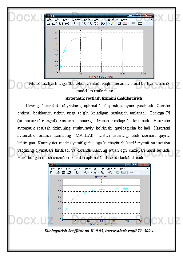 Model tuzilgach unga  2 00 sekund ishlash vaqtini beramiz.   Hosil bо‘lgan dinamik
model kо‘rsatkichlari
Avtomatik rostlash tizimini shakllantirish
Keyingi   bosqichda   o b y ektning   optimal   boshqarish   jarayoni   yaratiladi.   Obektni
optimal   boshkarish   uchun   unga   tо‘g‘ri   keladigan   rostlagich   tanlanadi.   Obektga   PI
(proporsional-integral)   rostlash   qonuniga   binoan   rostlagich   tanlanadi.   Haroratni
avtomatik   rostlash   tizimining   strukturaviy   kо‘rinishi   quyidagicha   bо‘ladi:   Haroratni
avtomatik   rostlash   tizimining   “MATLAB”   dasturi   asosidagi   blok   sxemasi   quyida
keltirilgan.   Kompyuter   modeli   yaratilgach   unga   kuchaytirish   koeffitsiyenti   va   inersiya
vaqtining   qiymatlari   kiritiladi   va   ekranda   ularning   о‘tish   egri   chiziqlari   hosil   bо‘ladi.
Hosil bо‘lgan о‘tish chiziqlari orasidan optimal boshqarish tanlab olinadi:
Kuchaytirish koeffitsienti K=0.05, inersiyalash vaqti Ti=500 s. 