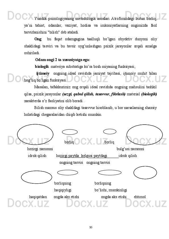 Yuridik   psixologiyaning   metodologik   asoslari   Atrofimizdagi   butun   borliq,
ya’ni   tabiat,   odamlar,   vaziyat,   hodisa   va   imkoniyatlarning   ongimizda   faol
tasvirlanishini "bilish" deb ataladi. 
Ong     bu   faqat   odamgagina   taalluqli   bo’lgan   obyektiv   dunyoni   oliy
shaklidagi   tasviri   va   bu   tavsir   uyg’unlashgan   psixik   jarayonlar   orqali   amalga
oshiriladi.
  Odam ongi 2 ta xususiyatga ega:
  b iologik   materiya substratiga ko’ra bosh miyaning funksiyasi; 
  ijtimoiy     ongning   ideal   ravishda   jamiyat   tajribasi,   ijtimoiy   muhit   bilan
bog’liq bo’lgan funksiyasi.
Masalan,   tafakkurimiz   ong   orqali   ideal   ravishda   ongning   mahsulini   tashkil
qilsa, psixik jarayonlar   (sezgi, qabul qilish, tasavvur, fikrlash)  material   (biologik)
xarakterda o’z faoliyatini olib boradi..
Bilish maxsus oliy shakldagi tasavvur hisoblanib, u bor narsalarning shaxsiy
holatidagi chegaralaridan chiqib ketishi mumkin.
  borliq  borliq
    hozirgi zamonni    bulg’usi zamonni 
     idrok qilish          hozirgi paytda  kelgusi paytdagi      idrok qilish 
      ongning tasviri   ongning tasviri
 
borliqning  borliqning
  haqiqiyligi  bo’lishi, mumkinligi
haqiqatdan       ongda aks etishi                      ongda aks etishi       ehtimol
10