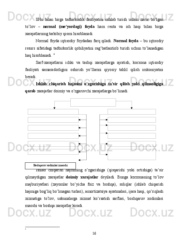 SHu   bilan   birga   tadbirkorlik   faoliyatini   ushlab   turish   uchun   zarur   bo’lgan
to’lov   –   normal   (me‘yordagi)   foyda   ham   renta   va   ish   haqi   bilan   birga
xarajatlarning tarkibiy qismi hisoblanadi.
Normal  foyda iqtisodiy foydadan farq qiladi.   Normal foyda   – bu iqtisodiy
resurs   sifatidagi   tadbirkorlik   qobiliyatini   rag’batlantirib  turish   uchun  to’lanadigan
haq hisoblanadi.  6
Sarf-xarajatlarni   ichki   va   tashqi   xarajatlarga   ajratish,   korxona   iqtisodiy
faoliyati   samaradorligini   oshirish   yo’llarini   qiyosiy   tahlil   qilish   imkoniyatini
beradi.
Ishlab   chiqarish   hajmini   o’zgarishiga   ta’sir   qilish   yoki   qilmasligiga
qarab  xarajatlar doimiy va o’zgaruvchi xarajatlarga bo’linadi. 
Ishlab   chiqarish   hajmining   o’zgarishiga   (qisqarishi   yoki   ortishiga)   ta‘sir
qilmaydigan   xarajatlar   doimiy   xarajatlar   deyiladi.   Bunga   korxonaning   to’lov
majburiyatlari   (zayomlar   bo’yicha   foiz   va   boshqa),   soliqlar   (ishlab   chiqarish
hajmiga bog’liq bo’lmagan turlari), amortizatsiya ajratmalari, ijara haqi, qo’riqlash
xizmatiga   to’lov,   uskunalarga   xizmat   ko’rsatish   sarflari,   boshqaruv   xodimlari
maoshi va boshqa xarajatlar kiradi.
6
16Bosh q aruv xodimlar i  maoshi 