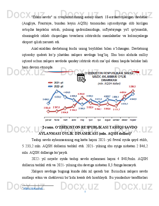"Erkin   savdo"   ni   rivojlantirishning   asosiy   sharti   18-asrdarivojlangan   davlatlar
(Angliya,   Frantsiya,   bundan   keyin   AQSh)   tomonidan   iqtisodiyotga   olib   kirilgan
ortiqcha   kapitalni   sotish,   pulning   qadrsizlanishiga,   inflyatsiyaga   yo'l   qo'ymaslik,
shuningdek   ishlab   chiqarilgan   tovarlarni   ishtirokchi   mamlakatlar   va   koloniyalarga
eksport qilish zarurati edi.
Azal-azaldan   davlatning   kuchi   uning   boyliklari   bilan   o lchangan.   Davlatningʻ
iqtisodiy   qudrati   ko p   jihatdan   xalqaro   savdoga   bog liq.   Shu   bois   alohida   milliy	
ʻ ʻ
iqtisod uchun xalqaro savdoda qanday ishtirok etish ma qul ekani haqida bahslar hali	
ʼ
ham davom etmoqda.
2-rasm. O ZBEKISTON RESPUBLIKASI TASHQI SAVDO	
ʻ
AYLANMASI OYLIK DINAMIKASI (mln. AQSH dollari) 4
Tashqi savdo aylanmasining eng katta hajmi 2021- yil fevral oyida qayd etilib,
5  233,2  mln.  AQSH  dollarini  tashkil   etdi.  2021-  yilning  shu  oyiga  nisbatan  2  846,2
mln. AQSH dollariga ko paydi.
ʻ
2022-   yil   noyabr   oyida   tashqi   savdo   aylanmasi   hajmi   4   848,9mln.   AQSH
dollarini tashkil etdi va 2021- yilning shu davriga nisbatan 8,3 foizga kamaydi.
Xalqaro   savdoga   bugungi   kunda   ikki   xil   qarash   bor.   Birinchisi   xalqaro   savdo
mutlaqo erkin va cheklovsiz bo lishi kerak deb hisoblaydi. Bu yondashuv tarafdorlari	
ʻ
4
  https://stat.uz/uz/  
8 