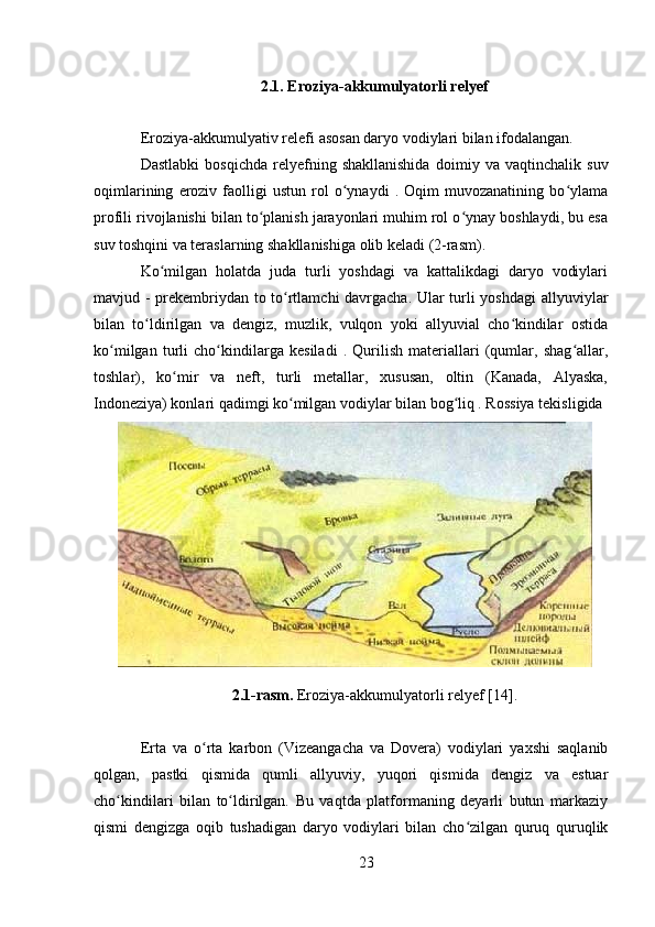 2.1. Eroziya-akkumulyatorli relyef
Eroziya-akkumulyativ relefi  asosan daryo vodiylari bilan ifodalangan.
Dastlabki   bosqichda   relyefning  shakllanishida   doimiy  va   vaqtinchalik  suv
oqimlarining   eroziv   faolligi   ustun   rol   o ynaydi   .  Oqim   muvozanatining   bo ylamaʻ ʻ
profili rivojlanishi bilan to planish jarayonlari muhim rol o ynay boshlaydi, bu esa	
ʻ ʻ
suv toshqini va teraslarning shakllanishiga olib keladi (2-rasm).
Ko milgan   holatda   juda   turli   yoshdagi   va   kattalikdagi   daryo   vodiylari	
ʻ
mavjud - prekembriydan to to rtlamchi davrgacha. Ular turli yoshdagi  allyuviylar	
ʻ
bilan   to ldirilgan   va   dengiz,   muzlik,   vulqon   yoki   allyuvial   cho kindilar   ostida	
ʻ ʻ
ko milgan   turli   cho kindilarga   kesiladi   .   Qurilish   materiallari   (qumlar,   shag allar,	
ʻ ʻ ʻ
toshlar),   ko mir   va   neft,   turli   metallar,   xususan,   oltin   (Kanada,   Alyaska,	
ʻ
Indoneziya) konlari qadimgi ko milgan vodiylar bilan bog liq . Rossiya tekisligida	
ʻ ʻ
2.1-rasm.  Eroziya-akkumulyatorli relyef [14].
Erta   va   o rta   karbon   (Vizeangacha   va   Dovera)   vodiylari   yaxshi   saqlanib	
ʻ
qolgan,   pastki   qismida   qumli   allyuviy,   yuqori   qismida   dengiz   va   estuar
cho kindilari   bilan   to ldirilgan.   Bu   vaqtda   platformaning   deyarli   butun   markaziy	
ʻ ʻ
qismi   dengizga   oqib   tushadigan   daryo   vodiylari   bilan   cho zilgan   quruq   quruqlik	
ʻ
23 