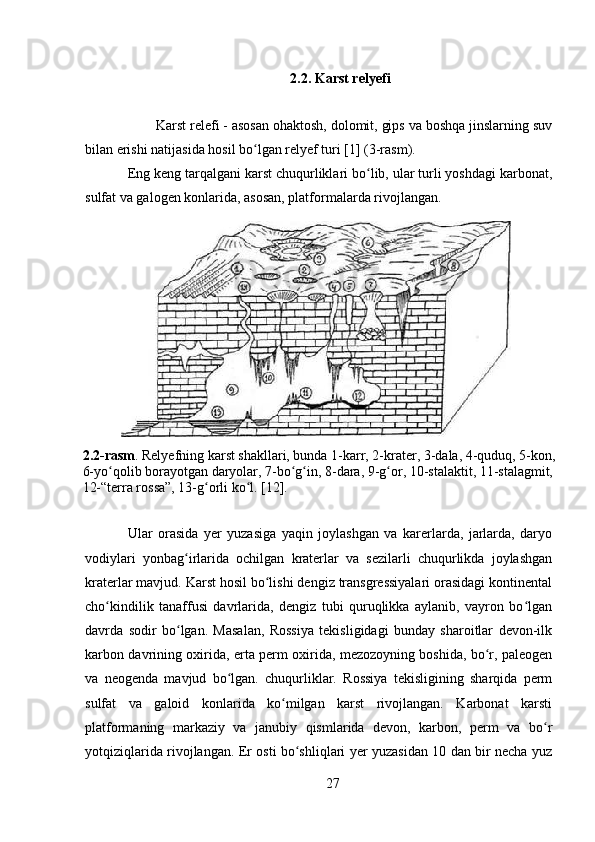 2.2. Karst relyefi
Karst relefi - asosan ohaktosh, dolomit, gips va boshqa jinslarning suv
bilan erishi natijasida hosil bo lgan relyef turi [1] (3-rasm).ʻ
Eng keng tarqalgani karst chuqurliklari bo lib, ular turli yoshdagi karbonat,	
ʻ
sulfat va galogen konlarida, asosan, platformalarda rivojlangan.
Ular   orasida   yer   yuzasiga   yaqin   joylashgan   va   karerlarda,   jarlarda,   daryo
vodiylari   yonbag irlarida   ochilgan   kraterlar   va   sezilarli   chuqurlikda   joylashgan	
ʻ
kraterlar mavjud. Karst hosil bo lishi dengiz transgressiyalari orasidagi kontinental	
ʻ
cho kindilik   tanaffusi   davrlarida,   dengiz   tubi   quruqlikka   aylanib,   vayron   bo lgan	
ʻ ʻ
davrda   sodir   bo lgan.   Masalan,   Rossiya   tekisligidagi   bunday   sharoitlar   devon-ilk	
ʻ
karbon davrining oxirida, erta perm oxirida, mezozoyning boshida, bo r, paleogen	
ʻ
va   neogenda   mavjud   bo lgan.   chuqurliklar.   Rossiya   tekisligining   sharqida   perm	
ʻ
sulfat   va   galoid   konlarida   ko milgan   karst   rivojlangan.   Karbonat   karsti	
ʻ
platformaning   markaziy   va   janubiy   qismlarida   devon,   karbon,   perm   va   bo r	
ʻ
yotqiziqlarida rivojlangan. Er osti bo shliqlari yer yuzasidan 10 dan bir necha yuz	
ʻ
272.2-rasm . Relyefning karst shakllari, bunda 1-karr, 2-krater, 3-dala, 4-quduq, 5-kon, 
6-yo qolib borayotgan daryolar, 7-bo g in, 8-dara, 9-g or, 10-stalaktit, 11-stalagmit, 	
ʻ ʻ ʻ ʻ
12-“terra rossa”, 13-g orli ko l. [12].	
ʻ ʻ 