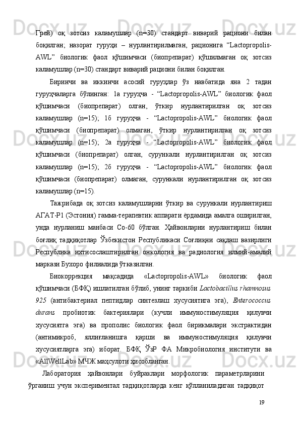 Грей)   оқ   зотсиз   каламушлар   (n=30)   стандарт   виварий   рaциони   билан
боқилган;   назорат   гуруҳи   –   нурлантирилмаган,   рaционига   “Lactopropolis-
AWL”   биологик   фаол   қўшимчаси   (биопрепарат)   қўшилмаган   оқ   зотсиз
каламушлар (n=30) стандарт виварий рaциони билан боқилган. 
Биринчи   ва   иккинчи   асосий   гуруҳлар   ўз   навбатида   яна   2   тадан
гуруҳчаларга   бўлинган:   1а   гуруҳча   -   “Lactopropolis-AWL”   биологик   фаол
қўшимчаси   (биопрепарат)   олган,   ўткир   нурлантирилган   оқ   зотсиз
каламушлар   (n=15);   1б   гуруҳча   -   “Lactopropolis-AWL”   биологик   фаол
қўшимчаси   (биопрепарат)   олмаган,   ўткир   нурлантирилган   оқ   зотсиз
каламушлар   (n=15);   2а   гуруҳча   -   “Lactopropolis-AWL”   биологик   фаол
қўшимчаси   (биопрепарат)   олган,   сурункали   нурлантирилган   оқ   зотсиз
каламушлар   (n=15);   2б   гуруҳча   -   “Lactopropolis-AWL”   биологик   фаол
қўшимчаси   (биопрепарат)   олмаган,   сурункали   нурлантирилган   оқ   зотсиз
каламушлар (n=15). 
Тажрибада   оқ   зотсиз   каламушларни   ўткир   ва   сурункали   нурлантириш
АГАТ-Р1 (Эстония) гамма-терапевтик аппарати ёрдамида амалга оширилган,
унда   нурланиш   манбаси   Со-60   бўлган.   Ҳайвонларни   нурлантириш   билан
боғлиқ   тадқиқотлар   Ўзбекистон   Республикаси   Соғлиқни   сақлаш   вазирлиги
Республика   ихтисослаштирилган   онкология   ва   радиология   илмий-амалий
маркази Бухоро филиалида ўтказилган.  
Биокоррекция   мақсадида   «Lactopropolis-AWL»   биологик   фаол
қўшимчаси (БФҚ) ишлатилган бўлиб, унинг таркиби  Lactobacillus rhamnosus
925   (антибактериал   пептидлар   синтезлаш   хусусиятига   эга),   Enterococcus
durans   пробиотик   бактериялари   (кучли   иммуностимуляция   қилувчи
хусусиятга   эга)   ва   прополис   биологик   фаол   бирикмалари   экстрактидан
(антимикроб,   яллиғланишга   қарши   ва   иммуностимуляция   қилувчи
хусусиятларга   эга)   иборат.   БФҚ   ЎзР   ФА   Микробиология   институти   ва
«AllWellLab» МЧЖ маҳсулоти ҳисобланган. 
Лаборатория   ҳайвонлари   буйраклари   морфологик   параметрларини
ўрганиш   учун   экспериментал   тадқиқотларда   кенг   қўлланиладиган   тадқиқот
19 