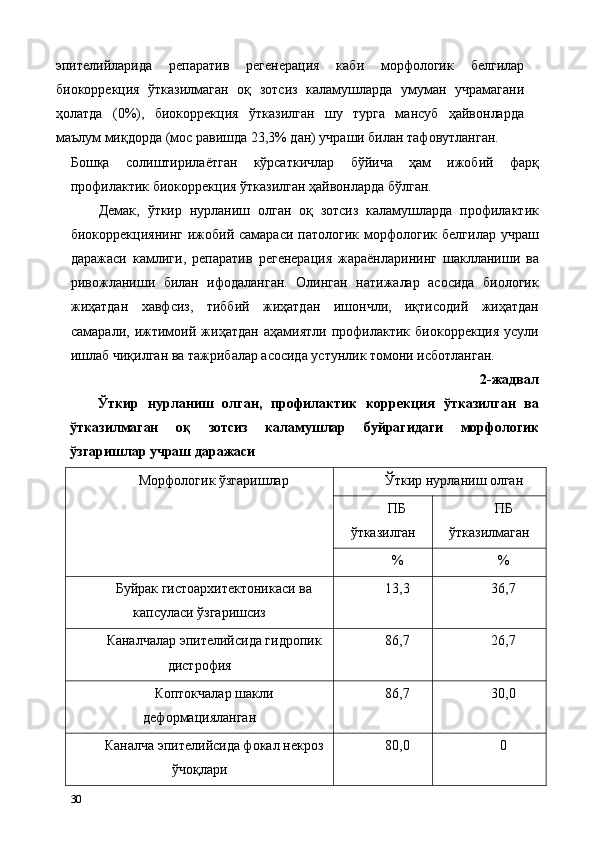 эпителийларида   репаратив   регенерaция   каби   морфологик   белгилар
биокоррекция   ўтказилмаган   оқ   зотсиз   каламушларда   умуман   учрамагани
ҳолатда   (0%),   биокоррекция   ўтказилган   шу   турга   мансуб   ҳайвонларда
маълум миқдорда (мос равишда 23,3% дан) учраши билан тафовутланган. 
Бошқа   солиштирилаётган   кўрсаткичлар   бўйича   ҳам   ижобий   фарқ
профилактик биокоррекция ўтказилган ҳайвонларда бўлган. 
Демак,   ўткир   нурланиш   олган   оқ   зотсиз   каламушларда   профилактик
биокоррекциянинг   ижобий  самараси   патологик  морфологик   белгилар  учраш
даражаси   камлиги,   репаратив   регенерaция   жараёнларининг   шаклланиши   ва
ривожланиши   билан   ифодаланган.   Олинган   натижалар   асосида   биологик
жиҳатдан   хавфсиз,   тиббий   жиҳатдан   ишончли,   иқтисодий   жиҳатдан
самарали,   ижтимоий   жиҳатдан   аҳамиятли   профилактик   биокоррекция   усули
ишлаб чиқилган ва тажрибалар асосида устунлик томони исботланган.    
2-жадвал 
Ўткир   нурланиш   олган,   профилактик   коррекция   ўтказилган   ва
ўтказилмаган   оқ   зотсиз   каламушлар   буйрагидаги   морфологик
ўзгаришлар учраш даражаси 
Морфологик ўзгаришлар  Ўткир нурланиш олган  
ПБ 
ўтказилган  ПБ 
ўтказилмаган 
%  % 
Буйрак гистоархитектоникаси ва 
капсуласи ўзгаришсиз  13,3  36,7 
Каналчалар эпителийсида гидропик 
дистрофия  86,7  26,7 
Коптокчалар шакли 
деформацияланган  86,7  30,0 
Каналча эпителийсида фокал некроз 
ўчоқлари  80,0  0 
30   