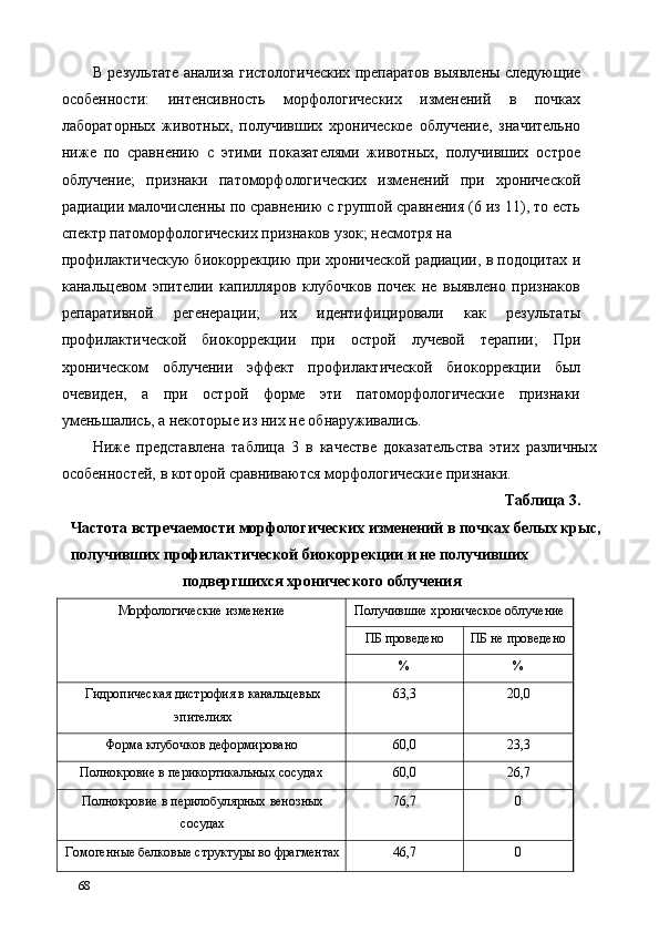В результате анализа гистологических препаратов выявлены следующие
особенности:   интенсивность   морфологических   изменений   в   почках
лабораторных   животных,   получивших   хроническое   облучение,   значительно
ниже   по   сравнению   с   этими   показателями   животных,   получивших   острое
облучение;   признаки   патоморфологических   изменений   при   хронической
радиации малочисленны по сравнению с группой сравнения (6 из 11), то есть
спектр патоморфологических признаков узок; несмотря на 
профилактическую биокоррекцию при хронической радиации, в подоцитах и
канальцевом   эпителии   капилляров   клубочков   почек   не   выявлено   признаков
репаративной   регенерации;   их   идентифицировали   как   результаты
профилактической   биокоррекции   при   острой   лучевой   терапии;   При
хроническом   облучении   эффект   профилактической   биокоррекции   был
очевиден,   а   при   острой   форме   эти   патоморфологические   признаки
уменьшались, а некоторые из них не обнаруживались. 
Ниже   представлена   таблица   3   в   качестве   доказательства   этих   различных
особенностей, в которой сравниваются морфологические признаки.   
Таблица 3. 
Частота встречаемости морфологических изменений в почках белых крыс, 
получивших профилактической биокоррекции и не получивших 
подвергшихся хронического облучения 
Морфологические изменение  Получившие хроническое облучение 
ПБ проведено  ПБ не проведено 
%  % 
Гидропическая дистрофия в канальцевых
эпителиях  63,3  20,0 
Форма клубочков деформировано  60,0  23,3 
Полнокровие в перикортикальных сосудах   60,0  26,7 
Полнокровие в перилобулярных венозных
сосудах  76,7  0 
Гомогенные белковые структуры во фрагментах 46,7  0 
68   