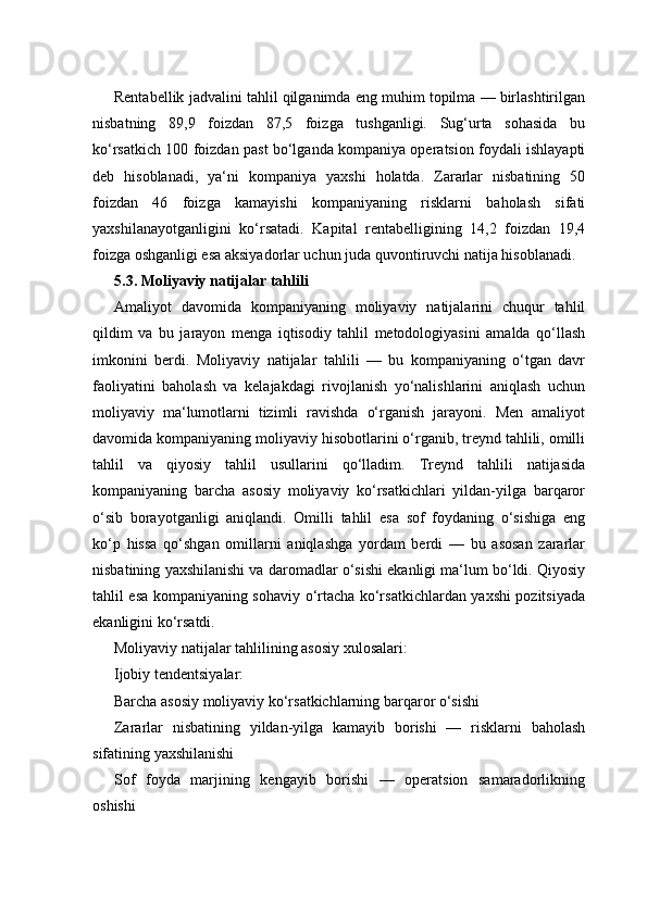 Rentabellik jadvalini tahlil qilganimda eng muhim topilma — birlashtirilgan
nisbatning   89,9   foizdan   87,5   foizga   tushganligi.   Sug‘urta   sohasida   bu
ko‘rsatkich 100 foizdan past bo‘lganda kompaniya operatsion foydali ishlayapti
deb   hisoblanadi,   ya‘ni   kompaniya   yaxshi   holatda.   Zararlar   nisbatining   50
foizdan   46   foizga   kamayishi   kompaniyaning   risklarni   baholash   sifati
yaxshilanayotganligini   ko‘rsatadi.   Kapital   rentabelligining   14,2   foizdan   19,4
foizga oshganligi esa aksiyadorlar uchun juda quvontiruvchi natija hisoblanadi.
5.3. Moliyaviy natijalar tahlili
Amaliyot   davomida   kompaniyaning   moliyaviy   natijalarini   chuqur   tahlil
qildim   va   bu   jarayon   menga   iqtisodiy   tahlil   metodologiyasini   amalda   qo‘llash
imkonini   berdi.   Moliyaviy   natijalar   tahlili   —   bu   kompaniyaning   o‘tgan   davr
faoliyatini   baholash   va   kelajakdagi   rivojlanish   yo‘nalishlarini   aniqlash   uchun
moliyaviy   ma‘lumotlarni   tizimli   ravishda   o‘rganish   jarayoni.   Men   amaliyot
davomida kompaniyaning moliyaviy hisobotlarini o‘rganib, treynd tahlili, omilli
tahlil   va   qiyosiy   tahlil   usullarini   qo‘lladim.   Treynd   tahlili   natijasida
kompaniyaning   barcha   asosiy   moliyaviy   ko‘rsatkichlari   yildan-yilga   barqaror
o‘sib   borayotganligi   aniqlandi.   Omilli   tahlil   esa   sof   foydaning   o‘sishiga   eng
ko‘p   hissa   qo‘shgan   omillarni   aniqlashga   yordam   berdi   —   bu   asosan   zararlar
nisbatining yaxshilanishi va daromadlar o‘sishi ekanligi ma‘lum bo‘ldi. Qiyosiy
tahlil esa kompaniyaning sohaviy o‘rtacha ko‘rsatkichlardan yaxshi pozitsiyada
ekanligini ko‘rsatdi.
Moliyaviy natijalar tahlilining asosiy xulosalari:
Ijobiy tendentsiyalar:
Barcha asosiy moliyaviy ko‘rsatkichlarning barqaror o‘sishi
Zararlar   nisbatining   yildan-yilga   kamayib   borishi   —   risklarni   baholash
sifatining yaxshilanishi
Sof   foyda   marjining   kengayib   borishi   —   operatsion   samaradorlikning
oshishi 