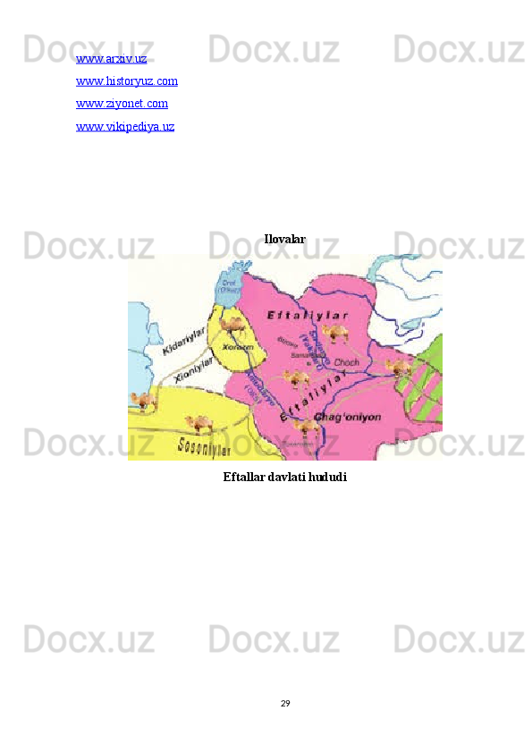 www.arxiv.uz
www.historyuz.com
www.ziyonet.com
www.vikipediya.uz
Ilovalar
Eftallar davlati hududi 
29
