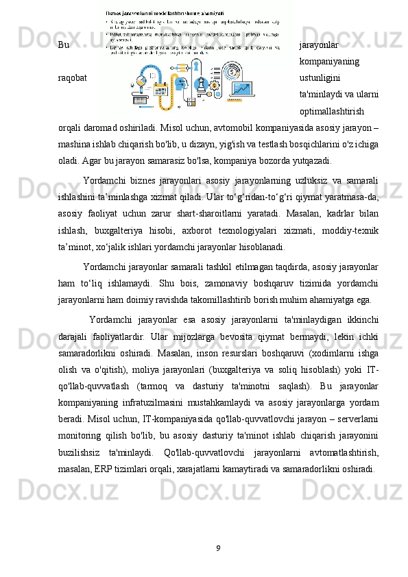 Bu jarayonlar
kompaniyaning
raqobat ustunligini
ta'minlaydi va ularni
optimallashtirish
orqali daromad oshiriladi. Misol uchun, avtomobil kompaniyasida asosiy jarayon –
mashina ishlab chiqarish bo'lib, u dizayn, yig'ish va testlash bosqichlarini o'z ichiga
oladi. Agar bu jarayon samarasiz bo'lsa, kompaniya bozorda yutqazadi.
Yordamchi   biznes   jarayonlari   asosiy   jarayonlarning   uzluksiz   va   samarali
ishlashini ta’minlashga xizmat qiladi. Ular to‘g‘ridan-to‘g‘ri qiymat yaratmasa-da,
asosiy   faoliyat   uchun   zarur   shart-sharoitlarni   yaratadi.   Masalan,   kadrlar   bilan
ishlash,   buxgalteriya   hisobi,   axborot   texnologiyalari   xizmati,   moddiy-texnik
ta’minot, xo‘jalik ishlari yordamchi jarayonlar hisoblanadi.
Yordamchi jarayonlar samarali tashkil etilmagan taqdirda, asosiy jarayonlar
ham   to‘liq   ishlamaydi.   Shu   bois,   zamonaviy   boshqaruv   tizimida   yordamchi
jarayonlarni ham doimiy ravishda takomillashtirib borish muhim ahamiyatga ega.
  Yordamchi   jarayonlar   esa   asosiy   jarayonlarni   ta'minlaydigan   ikkinchi
darajali   faoliyatlardir.   Ular   mijozlarga   bevosita   qiymat   bermaydi,   lekin   ichki
samaradorlikni   oshiradi.   Masalan,   inson   resurslari   boshqaruvi   (xodimlarni   ishga
olish   va   o'qitish),   moliya   jarayonlari   (buxgalteriya   va   soliq   hisoblash)   yoki   IT-
qo'llab-quvvatlash   (tarmoq   va   dasturiy   ta'minotni   saqlash).   Bu   jarayonlar
kompaniyaning   infratuzilmasini   mustahkamlaydi   va   asosiy   jarayonlarga   yordam
beradi. Misol uchun, IT-kompaniyasida qo'llab-quvvatlovchi jarayon – serverlarni
monitoring   qilish   bo'lib,   bu   asosiy   dasturiy   ta'minot   ishlab   chiqarish   jarayonini
buzilishsiz   ta'minlaydi.   Qo'llab-quvvatlovchi   jarayonlarni   avtomatlashtirish,
masalan, ERP tizimlari orqali, xarajatlarni kamaytiradi va samaradorlikni oshiradi.
9 