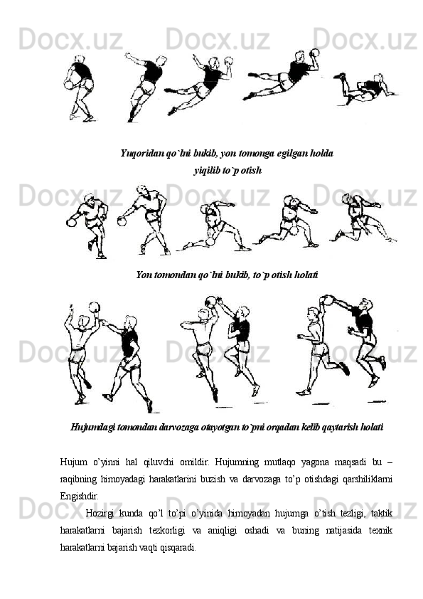 Yuqoridan qo`lni bukib, yon tomonga egilgan holda
 yiqilib to`p otish
Yon tomondan qo`lni bukib, to`p otish holati
Hujumdagi tomondan darvozaga otayotgan to`pni orqadan kelib qaytarish holati
Hujum   o’yinni   hal   qiluvchi   omildir.   Hujumning   mutlaqo   yagona   maqsadi   bu   –
raqibning   himoyadagi   harakatlarini   buzish   va   darvozaga   to’p   otishdagi   qarshiliklarni
Engishdir.
Hozirgi   kunda   qo’l   to’pi   o’yinida   himoyadan   hujumga   o’tish   tezligi,   taktik
harakatlarni   bajarish   tezkorligi   va   aniqligi   oshadi   va   buning   natijasida   texnik
harakatlarni bajarish vaqti qisqaradi. 