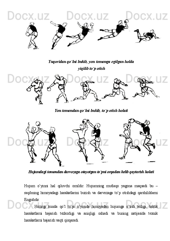 Yuqoridan qo`lni bukib, yon tomonga egilgan holda
 yiqilib to`p otish
Yon tomondan qo`lni bukib, to`p otish holati
Hujumdagi tomondan darvozaga otayotgan to`pni orqadan kelib qaytarish holati
Hujum   o’yinni   hal   qiluvchi   omildir.   Hujumning   mutlaqo   yagona   maqsadi   bu   –
raqibning   himoyadagi   harakatlarini   buzish   va   darvozaga   to’p   otishdagi   qarshiliklarni
Engishdir.
Hozirgi   kunda   qo’l   to’pi   o’yinida   himoyadan   hujumga   o’tish   tezligi,   taktik
harakatlarni   bajarish   tezkorligi   va   aniqligi   oshadi   va   buning   natijasida   texnik
harakatlarni bajarish vaqti qisqaradi.