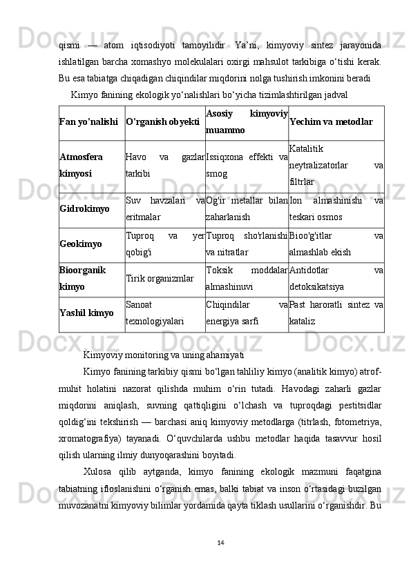 qismi   —   atom   iqtisodiyoti   tamoyilidir.   Ya’ni,   kimyoviy   sintez   jarayonida
ishlatilgan barcha xomashyo molekulalari  oxirgi mahsulot  tarkibiga o‘tishi  kerak.
Bu esa tabiatga chiqadigan chiqindilar miqdorini nolga tushirish imkonini beradi
Kimyo fanining ekologik yo‘nalishlari bo‘yicha tizimlashtirilgan jadval
Fan yo'nalishi O'rganish obyekti Asosiy   kimyoviy
muammo Yechim va metodlar
Atmosfera
kimyosi Havo   va   gazlar
tarkibi Issiqxona   e ffekti   va
smog Katalitik
neytralizatorlar   va
filtrlar
Gidrokimyo Suv   havzalari   va
eritmalar Og'ir   metallar   bilan
zaharlanish Ion   almashinishi   va
teskari osmos
Geokimyo Tuproq   va   yer
qobig'i Tuproq   sho'rlanishi
va nitratlar Bioo'g'itlar   va
almashlab ekish
Bioorganik
kimyo Tirik organizmlar Toksik   moddalar
almashinuvi Antidotlar   va
detoksikatsiya
Yashil kimyo Sanoat
texnologiyalari Chiqindilar   va
energiya sarfi Past   haroratli   sintez   va
kataliz
Kimyoviy monitoring va uning ahamiyati
Kimyo fanining tarkibiy qismi bo‘lgan tahliliy kimyo (analitik kimyo) atrof-
muhit   holatini   nazorat   qilishda   muhim   o‘rin   tutadi.   Havodagi   zaharli   gazlar
miqdorini   aniqlash,   suvning   qattiqligini   o‘lchash   va   tuproqdagi   pestitsidlar
qoldig‘ini   tekshirish   —   barchasi   aniq   kimyoviy   metodlarga   (titrlash,   fotometriya,
xromatografiya)   tayanadi.   O‘quvchilarda   ushbu   metodlar   haqida   tasavvur   hosil
qilish ularning ilmiy dunyoqarashini boyitadi.
Xulosa   qilib   aytganda,   kimyo   fanining   ekologik   mazmuni   faqatgina
tabiatning ifloslanishini  o‘rganish emas, balki tabiat va inson o‘rtasidagi  buzilgan
muvozanatni kimyoviy bilimlar yordamida qayta tiklash usullarini o‘rganishdir. Bu
14 