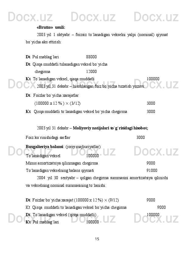 «Brutto»  usuli:
2003   yil   1   oktyabr   –   foizsiz   to`lanadigan   vekselni   yalpi   (nominal)   qiymat
bo`yicha aks ettirish:
Dt   Pul mablag`lari  88000
Dt   Qisqa muddatli tulanadigan veksel bo`yicha 
chegirma           12000
Kt    Т o`lanadigan veksel, qisqa muddatli 100000
2003 yil 31 dekabr – hisoblangan foiz bo`yicha tuzatish yozuvi:
Dt    Foizlar bo`yicha xarajatlar  
(100000 x 12 % )    (3 / 12)                3000
Kt    Qisqa muddatli to`lanadigan veksel bo`yicha chegirma   3000
2003 yil 31 dekabr –  Moliyaviy natijalari to`g`risidagi hisobot;
Foiz ko`rinishidagi sarflar                                                              3000
Buxgalteriya balansi : (joriy majburiyatlar):
Т o`lanadigan veksel 100000
Minus amortizatsiya qilinmagan chegirma 9000
Т o`lanadigan vekselning balans qiymati 91000
2004   yil 30   sentyabr – qolgan chegirma summasini amortizatsiya qilinishi
va vekselning nominal summasining to`lanishi:
Dt   Foizlar bo`yicha xarajat (100000 x 12 %)    (9/12) 9000
Kt  Qisqa  muddatli to`lanadigan veksel bo`yicha chegirma   9000
Dt   Т o`lanadigan veksel (qisqa muddatli) 100000
Kt   Pul mablag`lari 100000
15 