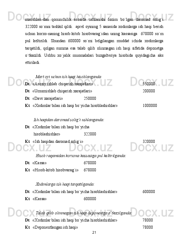 maoshlari-dan   qonunchilik   asosida   ushlanishi   lozim   bo`lgan   daromad   solig`i
322000 so`mni tashkil qildi.   aprel oyining 5 sanasida xodimlarga ish haqi berish
uchun   korxo-naning   hisob-kitob   hisobvarag`idan   uning   kassasiga     678000   so`m
pul   keltirildi.   Shundan   600000   so`mi   belgilangan   muddat   ichida   xodimlarga
tarqatildi,   qolgan   summa   esa   talab   qilib   olinmagan   ish   haqi   sifatida   deponetga
o`tkazildi.   Ushbu   xo`jalik   muomalalari   buxgalteriya   hisobida   quyidagicha   aks
ettiriladi.
Mart oyi uchun ish haqi hisoblanganda
Dt    «Asosiy ishlab chiqarish xarajatlari»  550000
Dt    «Umumishlab chiqarish xarajatlari»  200000
Dt    «Davr xarajatlari»  250000
Kt    « Х odimlar bilan ish haqi bo`yicha hisoblashishlar»  1000000
Ish haqidan daromad solig`i ushlanganda:
Dt    « Х odimlar bilan ish haqi bo`yicha 
hisoblashishlar»           322000
Kt    «Ish haqidan daromad solig`i»  320000
Hisob raqamidan korxona kassasiga pul keltirilganda:
Dt    «Kassa»  678000
Kt    «Hisob-kitob hisobvarag`i»  678000
Х odimlarga ish haqi tarqatilganda:
Dt    « Х odimlar bilan ish haqi bo`yicha hisoblashishlar»  600000
Kt    «Kassa» 600000
Т alab qilib olinmagan ish haqi deponentga o`tkazilganda:
Dt    « Х odimlar bilan ish haqi bo`yicha hisoblashishlar»  78000       
Kt    «Deponentlangan ish haqi»        78000
21 