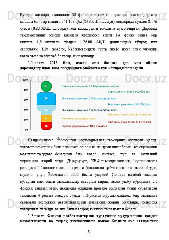 Бу нд ан   та	ш қ а	ри,   а ҳ	о л	инин г   3 0   ф	ои з	и  	эн г   к а	м  	и ш   ҳ ақ	и да	н   ка	м   м и қ	д о р даги	
м
а о шга   ёки  	б ир   к и ш	и га   2 4 1	, 1 98  	с ў	м   ( 24  	А ҚШ   д	о л л а	ри	)  ми қд	ори д а   кун л	и к 8 . 176	
с
ў	м г а   ( 0 . 8 0  	А Қ	Ш  	д о	лл ар и	)   т	ен г  	ми қ д	ор даг	и  	м аб л а ғ г а   к у	н   к	ечир г а	н .   Д а	р о	м а д
т а қ	
с им от и н и н г   ю қо р и   қ ис	м и	д а   а ҳ	о л	инин г   а т	и г	и   1	, 4   ф	ои з	и  	ойи га   б	ир
к	
и ш	и га   1	, 8   м ил л и он   сў	мд ан   (17 6, 00  	А Қ	Ш   д	о л л а	ри д а	н)   к ў	про қ  	п у л	
с
а	р фла га	н .   Ш у  	с аба б л	и,  	Ў з б	е ки	с то н	д а ги   " ў р т а   с и н ф"   н ин г  	со	ни   у	нч ал	и к
к а тта  	
эм а	с  	в а   к ў	п л а б   б	о л а л а	р   з а	и ф  а ҳ в ол	д а .	
1
.	1- р а	с м:  	20	18   йи л	,   а	ҳ о л и   жон  	б о	ш и г а  	ҳ а р  	х и л   о й л и	к	
д
а р о м а	д л ар и	д а н  	к а м   ми	қд ор	д а г и  м а	б л а ғ г а  	ку н 	ке ч и р а	д и г а н  а	ҳ о л и	
Па
н дем	иянин г   Ў з б е к	и с т	он  	и қ т	и соди ё т ига   т а ъсирини   а нг	л ага н   ҳ о	л д а ,
ҳ у к у	
м а т т е з к	ор л	и к би	ла н   ҳ а	ра к	а т   қ	и л д	и  	ва п	ан д ем	и янин г б а ъ з и   т а ъ с ир	л а рин и
ю	
м ш а т и ш г а ё р д а	м   бе	ра д	иг	ан   бир   қ	ат	ор  	фи ск	а л ,  	п ул  	ва  	м о	л и я вий
ч ор а	
л а рни  	ж орий   э т д и	.   Да	р ҳ а қ	и қ а т	,   ХВ Ф  таък и	д ла г а ни	д ек,   “ к у ч	л и   с иё с ат	
ре
а к ц	и я	си ”  	йи л	нин г  	и к к	инчи   я	рми да   ф а	о л л	и к	ни   қа	й т а т и к л а шга   и	м кон  	б ер	д и,	
ш
у н и нг   у	ч у	н   Ў з б	е к	ис т	он   2020  	йи л да   у	м у	мий   ў	си ш	ни  	ижо б	ий   т о м он га
к ў та р ган   ка	
м   с о н	л и  	м а	м л а к ат ла	р   қат	ори га   к	ир д	и,   а	ммо   у ш б у   к ў	рс атқ	и ч   1	, 6
фо и зни   т а шк и	
л  	э т и	б ,   п ан	д е	м ия  	о л д	и д а	н  	пр	о г	но з   қ	и л	ин га	н   ў	си ш  	с у	р ъа т	и д а	н
т а х м	
ин а	н   4   фо и з г а   к а	м р о қ  	б ў	лд и .   1 . 2 - расмда   к ў	рс а т	и л га	н д	е к	,   б	ир  	м а	м ла к ат	
с
а	м а	р а л	и  	мо л	и я	вий   р а ғ ба т лант и ри	ш   п а ке т и н и  	ж о ри	й   қ	и л га	н да	,  	ре ц	есс	и я	
ч
уқ у	р л	и г	и  	п а	с а яд	и  	в а   шу   б	и л а	н  т	е з роқ т и к	л ан и	ш и га   и	м к о н  	б ер а	ди .	
1
.	2- р а	с м:  	Ф и	ск а л   р а ғ	б а т ла н т и р и	ш   т	у р ғ	у н л и	к   ч	уқ	у р л иг и ни  	қ ан	д а й	
к
а м а й т и ри	ш и   в а   т	ез р о	қ   т и	к л а н и	ш и г а   и м	к он  	бе р и	ш и   а	кс  	э т ти р и л г а н
8 