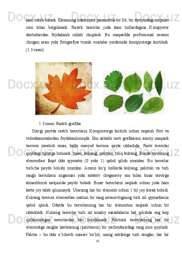 ham oshib boradi. Ekranning imkoniyati parametrik bo’lib, bir dyuymdagi nuqtalar
soni   bilan   belgilanadi.   Rastrli   tasvirlar   juda   kam   hollardagina   Kompyuter
dasturlaridan   foydalanib   ishlab   chiqiladi.   Bu   maqsadda   professional   rassom
chizgan   rasm   yoki   fotografiya   texnik   vositalar   yordamida   kompyuterga   kiritiladi.
(1.3-rasm)
 
            1.3-rasm. Rastrli grafika
      Oxirgi   paytda   rastrli   tasvirlarni   Kompyuterga   kiritish   uchun   raqamli   foto   va
videokameralardan foydalanilmoqda. Shu sababli  rastr grafikasini  asosiy  maqsadi
tasvirni   yaratish   emas,   balki   mavjud   tasvirni   qayta   ishlashdir.   Rastr   tasvirlar
quyidagi tiplarga bolinadi: binar, kulrang, palitrali, toliq kulrang. Bunda tasvirning
elementlari   faqat   ikki   qiymatni   (0   yoki   1)   qabul   qilish   mumkin.   Bu   tasvirlar
turlicha   paydo   bolishi   mumkin.   Ammo   ko’p   hollarda   kulrang,   palitrali   va   turli
rangli   tasvirlarni   ozgarmas   yoki   adektiv   chegaraviy   son   bilan   binar   tasvirga
almashtirish   natijasida   paydo   boladi.   Binar   tasvirlarni   saqlash   uchun   juda   ham
katta joy talab qilinmaydi. Ularning har bir elementi uchun 1 bit joy kerak boladi.
Kulrang tasvirni elementlari malum bir rang intensivligining turli xil qiymatlarini
qabul   qiladi.   Odatda   bu   tasvirlarning   har   bir   elementini   saqlash   uchun   bit
ishlatiladi.   Kulrang   tasvirlar   turli   xil   amaliy   masalalarini   hal   qilishda   eng   kop
qollaniladigan   tasvirlardan   biri   hisoblanadi.   Palitirali   tasvirlarning   har   bir
elementiga  ranglar   kartasining  (palitrasini)   bir   yacheykasidagi   rang  mos  qoyiladi.
Palitra   –   bu   ikki   o’lchovli   massiv   bo’lib,   uning   satrlariga   turli   ranglar,   har   bir
15 