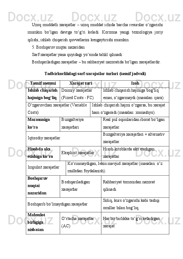 Uzoq muddatli xarajatlar – uzoq muddat ichida barcha resurslar o‘zgarishi
mumkin   bo‘lgan   davrga   to‘g‘ri   keladi.   Korxona   yangi   texnologiya   joriy
qilishi, ishlab chiqarish quvvatlarini kengaytirishi mumkin.
5. Boshqaruv nuqtai nazaridan
Sarf-xarajatlar yana quyidagi yo‘sinda tahlil qilinadi:
Boshqariladigan xarajatlar – bu rahbariyat nazoratida bo‘lgan xarajatlardir.
Tadbirkorlikdagi sarf-xarajatlar turlari (tasnif jadvali)
Tasnif mezoni Xarajat turi Izoh
Ishlab chiqarish
hajmiga bog‘liq Doimiy xarajatlar 
(Fixed Costs - FC) Ishlab chiqarish hajmiga bog‘liq 
emas, o‘zgarmaydi (masalan: ijara).
O‘zgaruvchan xarajatlar (Variable 
Costs) Ishlab chiqarish hajmi o‘zgarsa, bu xarajat 
ham o‘zgaradi (masalan: xomashyo).
Mazmuniga 
ko‘ra Buxgalteriya 
xarajatlari Real pul oqimlaridan iborat bo‘lgan 
xarajatlar.
Iqtisodiy xarajatlar Buxgalteriya xarajatlari + alternativ 
xarajatlar.
Hisobda aks 
etishiga ko‘ra Eksplicit xarajatlar Hisob-kitoblarda aks etadigan 
xarajatlar.
Impulsit xarajatlar Ko‘rinmaydigan, lekin mavjud xarajatlar (masalan: o‘z 
mulkdan foydalanish).
Boshqaruv 
nuqtai 
nazaridan Boshqariladigan 
xarajatlar Rahbariyat tomonidan nazorat 
qilinadi.
Boshqarib bo‘lmaydigan xarajatlar Soliq, kurs o‘zgarishi kabi tashqi 
omillar bilan bog‘liq.
Mahsulot 
birligiga 
nisbatan O‘rtacha xarajatlar 
(AC) Har bir birlikka to‘g‘ri keladigan 
xarajat. 