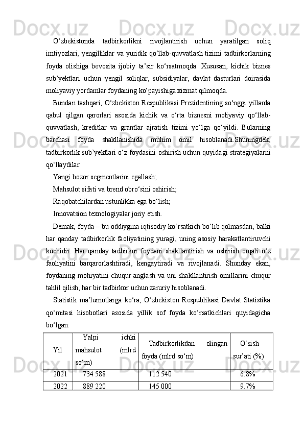 O‘zbekistonda   tadbirkorlikni   rivojlantirish   uchun   yaratilgan   soliq
imtiyozlari, yengilliklar va yuridik qo‘llab-quvvatlash tizimi tadbirkorlarning
foyda   olishiga   bevosita   ijobiy   ta’sir   ko‘rsatmoqda.   Xususan,   kichik   biznes
sub’yektlari   uchun   yengil   soliqlar,   subsidiyalar,   davlat   dasturlari   doirasida
moliyaviy yordamlar foydaning ko‘payishiga xizmat qilmoqda.
Bundan tashqari, O‘zbekiston Respublikasi Prezidentining so‘nggi yillarda
qabul   qilgan   qarorlari   asosida   kichik   va   o‘rta   biznesni   moliyaviy   qo‘llab-
quvvatlash,   kreditlar   va   grantlar   ajratish   tizimi   yo‘lga   qo‘yildi.   Bularning
barchasi   foyda   shakllanishida   muhim   omil   hisoblanadi.Shuningdek,
tadbirkorlik sub’yektlari o‘z foydasini oshirish uchun quyidagi strategiyalarni
qo‘llaydilar:
Yangi bozor segmentlarini egallash;
Mahsulot sifati va brend obro‘sini oshirish;
Raqobatchilardan ustunlikka ega bo‘lish;
Innovatsion texnologiyalar joriy etish.
Demak, foyda – bu oddiygina iqtisodiy ko‘rsatkich bo‘lib qolmasdan, balki
har   qanday   tadbirkorlik   faoliyatining   yuragi,   uning   asosiy   harakatlantiruvchi
kuchidir.   Har   qanday   tadbirkor   foydani   shakllantirish   va   oshirish   orqali   o‘z
faoliyatini   barqarorlashtiradi,   kengaytiradi   va   rivojlanadi.   Shunday   ekan,
foydaning  mohiyatini  chuqur   anglash   va  uni   shakllantirish  omillarini   chuqur
tahlil qilish, har bir tadbirkor uchun zaruriy hisoblanadi.
Statistik   ma’lumotlarga   ko‘ra,   O‘zbekiston   Respublikasi   Davlat   Statistika
qo‘mitasi   hisobotlari   asosida   yillik   sof   foyda   ko‘rsatkichlari   quyidagicha
bo‘lgan:
Yil Yalpi   ichki
mahsulot   (mlrd
so‘m) Tadbirkorlikdan   olingan
foyda (mlrd so‘m) O‘sish
sur’ati (%)
2021 734 588 112 540 6.8%
2022 889 220 145 000 9.7% 