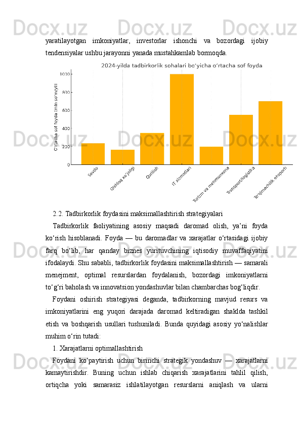yaratilayotgan   imkoniyatlar,   investorlar   ishonchi   va   bozordagi   ijobiy
tendensiyalar ushbu jarayonni yanada mustahkamlab bormoqda.
2.2. Tadbirkorlik foydasini maksimallashtirish strategiyalari
Tadbirkorlik   faoliyatining   asosiy   maqsadi   daromad   olish,   ya’ni   foyda
ko‘rish   hisoblanadi.   Foyda   —   bu   daromadlar   va   xarajatlar   o‘rtasidagi   ijobiy
farq   bo‘lib,   har   qanday   biznes   yurituvchining   iqtisodiy   muvaffaqiyatini
ifodalaydi. Shu sababli, tadbirkorlik foydasini maksimallashtirish — samarali
menejment,   optimal   resurslardan   foydalanish,   bozordagi   imkoniyatlarni
to‘g‘ri baholash va innovatsion yondashuvlar bilan chambarchas bog‘liqdir.
Foydani   oshirish   strategiyasi   deganda,   tadbirkorning   mavjud   resurs   va
imkoniyatlarini   eng   yuqori   darajada   daromad   keltiradigan   shaklda   tashkil
etish   va   boshqarish   usullari   tushuniladi.   Bunda   quyidagi   asosiy   yo‘nalishlar
muhim o‘rin tutadi:
1. Xarajatlarni optimallashtirish
Foydani   ko‘paytirish   uchun   birinchi   strategik   yondashuv   —   xarajatlarni
kamaytirishdir.   Buning   uchun   ishlab   chiqarish   xarajatlarini   tahlil   qilish,
ortiqcha   yoki   samarasiz   ishlatilayotgan   resurslarni   aniqlash   va   ularni