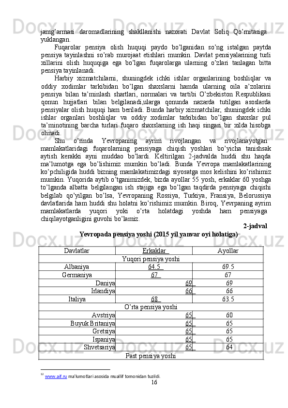 ja m g ’ ar m asi     daro m adl a rining     sh a kll a nishi     na z or a ti     Davl a t     Soliq     Qo’ m itasig a   
y uklang a n .   
Fuqarola r     pensi y a     olish     huquqi     pa y do     bo ’ lg a nid a n     so ’ ng     ist a lg a n     pa y td a
p e nsi y a   ta y inl a shni   so ’ rab   m urojaat   e tishlari   m u m kin.   Davl a t   pensi y alarining   tu r li
xillarini   olish   huquqiga   e ga   bo ’ lgan   f uqarola r ga   ula r ning   o ’ zla r i   t a nlagan   bitt a
p e nsi y a ta y inlanadi.  
Harbi y   xiz m atchila r ni,   shuningdek   i c hki   ishlar   organla r ining   boshliqlar   v a
oddi y     xodi m lar     tarkibidan     bo ’ lg a n     sh a xsl a rni     ha m da     ula r ning     oila     a ’ zola r ini
p e nsi y a   bil a n   ta’ m inlash   sh a rtla r i,   nor m alari   v a   tartibi   O ’ zbekiston   R e spublik a si
qonun     hujjatla r i     bilan     b e lgil a nadi , ula r ga     qonunda     n a zard a     tutilg a n     asosl a rd a
p e nsi y alar olish huquqi ha m   beril a di. Bunda ha r bi y   xiz m atchil a r, shuningdek i c hki
ishlar     organla r i     boshliqlar     va     oddi y     xodi m lar     ta r kibidan     bo ’ lg a n     sh a xslar     pul
ta’ m inotining   ba r cha   tu r la r i   fuqa r o   sh a xsl a rning   ish   haqi   singa r i   bir   xilda hisobg a
olinadi .   
Shu  o ’ rinda  Yevropaning  a y ri m   rivojl a ngan  va  rivojlana y otg a n
m a m lakatlarid a gi     f uqa r ol a rning     p e nsi y aga     chiqish     y oshla r i     bo ’ y icha     t a nishs a k
a y tish     kerakki     a y ni     m udd a o     bo ’ la r di.     Keltirilg a n     2-jadv a lda     huddi     shu     haqd a
m a ’ lu m otga   eg a   bo ’ lishi m iz   m u m kin   bo ’ ladi.   B und a   Yev r op a   m a m lakatla r ining
ko ’ p c hiligida  huddi   bizning   m a m lakati m izd a gi  si y osatga   m os  kelishini   ko ’ rishi m i z
m u m kin. Yuqorida   a y tib o ’ tgani m izd e k, bizda a y ollar 55   y osh, erk a klar 60   y oshg a
to ’ lganda   a lbatta   b e lgil a ngan   ish   stajiga   ega   bo ’ lgan   t a qdi r d a   pensi y aga   chiqishi
belgilab   qo ’ y ilg a n   bo ’ lsa,   Yevrop a ning   Rossi y a,   Turki y a,   Fransi y a,   Belo r ussi y a
d a vl a tlarid a   ha m   huddi   shu   hol a tni   ko ’ rishi m iz   m u m kin.   B i r oq,   Yev r p a ning   a y ri m
m a m lakatla r da  y uqori  yoki  o ’ rta  hol a tdagi  y oshd a   ha m   pensi y ag a
chiqila y otg a nligini guvohi   bo ’ la m iz.  
2- j adval  
Yevropa d a pe n siya   yos h i (2015   yil ya n var oyi holatiga) 12
  
                                              
12
  www.aif.ru   ma’lumotlari asosida muallif tomonidan tuzildi.  
16  Davl a tlar   Erkaklar   A y oll a r  
Yuqori   p e nsi y a  y oshi  
Alb a ni y a   64    .   5      69 . 5  
Ger m ani y a   67   67  
Dani y a   69   69  
Irl a ndi y a   66   66  
It a li y a   68   63 . 5  
O ’ rta pensi y a  y oshi  
Avstri y a   65   60  
Bu y uk B r it a ni y a   65   65  
Gretsi y a   65   65  
Ispani y a   65   65  
Shvetsa r i y a   65   64  
Past pensi y a  y oshi   