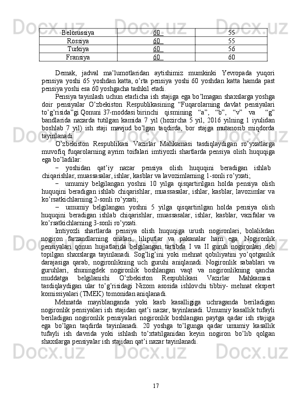 De m ak,     jadv a l     m a ’ lu m otla r idan     a y tishi m iz     m u m kinki     Y e vropada     y uqo r i
p e nsi y a   y oshi   65   y oshdan katta, o ’ rta   p e nsi y a   y oshi 60   y oshd a n   k a tta   ha m da   p a st
p e nsi y a  y oshi esa   60  y oshg a cha tashkil  e t a di.  
Pensi y a ta y inl a sh uchun   e ta r li c h a   ish stajiga   e ga bo ’ l m agan sh a xsl a rg a   y oshg a
doir   pensi y alar   O ’ zbekiston   R e spublikasining   “ Fuqa r ola r ning   davl a t   p e nsi y ala r i
to ’ g ’ risida ” gi  Q onuni 37- m oddasi bi r inchi  qis m ining  “ a”,  “ b”,  “ v”  va   “ g”
b a ndla r ida   nazarda   tutilg a n   ka m ida   7   y il   (hozi r cha   5   y il,   2016   y ilning   1   i y ulid a n
boshl a b   7   y il)   ish   staji   m avjud   bo ’ lg a n   taqdi r da,   bor   stajga   m utanosib   m iqdord a
ta y inlan a di.  
O ’ zbekiston     Respublik a si     Vazi r lar     M a hka m asi     t a sdiqla y dig a n     ro’ y xatlarg a
m uvofiq   f uq a rola r ning   a y ri m   toif a la r i   i m ti y ozli   sha r tla r da   p e nsi y a   olish   huquqig a
ega   bo ’ l a dila r :  
−   y oshid a n  q a t ’ i y   nazar  p e nsi y a  olish  huquqini  beradigan  ishl a b  
chiqa r ishlar,  m uass a salar, ishl a r, k a sblar   va lavo z i m larning 1 - sonli ro’ y xati;  
−   u m u m i y   belgilang a n   y oshni   10   y ilg a   qisqa r ti r ilg a n   holda   p e nsi y a   olish
huquqini   beradig a n   ishl a b   chiqarishl a r,   m uass a s a lar,   ishlar,   k a sbl a r,   lavo z i m lar   v a
ko ’ rs a tki c hla r ning 2 - sonli  r o ’ y xati;  
−   u m u m i y     belgil a ngan     y oshni     5     y ilga     qisqa r ti r ilg a n     holda     p e nsi y a     olish
huquqini   be r adigan   ishl a b   c hiqa r ishlar,   m uass a s a lar,   ishlar,   k a sblar,   va z if a lar   v a
ko ’ rs a tki c hla r ning 3 - sonli  r o ’ y xati.  
I m ti y ozli     sha r tla r da     p e nsi y a     olish     huquqiga     urush     nogi r onla r i,     bol a likd a n
nogiron     f a rzandla r ning     onalari,     liliputl a r     va     p a kanal a r     h am     ega.     Nogi r onlik
p e nsi y alari   qonun   hujjatlarid a   belgil a ngan   ta r tibda   I   va   I I   gu r uh   nogi r onlari   d e b
topilg a n   sh a xsl a rg a   ta y inl a nadi.   S og ’ lig ’ ini   y oki   m ehn a t   qobili y atini   y o ’ qotg a nlik
daraj a siga   qarab,   nogi r onlikning   uch   gu r uhi   aniql a n a di.   Nogironlik   sababla r i   v a
gu r uhlari ,     shuningd e k     nogironlik     boshl a ngan     v a qt     va     nogi r onlikning     q a nch a
m uddatga  b e lgilanishi  O ’ zbekiston  Respublik a si  Vazi r lar  Mahka m a si
tasdiqla y dig a n   ular   to ’ g ’ risid a gi   Nizo m   asosida   ishlov c hi   tibbiy-   m ehn a t   ekspe r t
ko m issi y alari (TM E K) to m onid a n aniql a n a di.  
Mehn a td a     m a y ibl a ng a nd a     y oki     kasb     kas a lligiga     u c hr a g a nda     beril a dig a n
nogironlik p e nsi y ala r i ish stajidan qat ’ i n a zar, ta y inl a n a di .   U m u m i y   kasallik tufa y li
be r il a digan   nogironlik   p e nsi y alari   nogi r onlik   boshl a ng a n   pa y tga   qadar   ish   sta j ig a
ega     bo ’ lgan     taqdird a     ta y inl a n a di.     20     y oshga     to ’ lgunga     q a da r     u m u m iy     kas a llik
tu f a y li     ish     davrida     y oki     ishl a sh     to ’ xtatilg a nidan     ke y in     nogiron     bo ’ lib     qolg a n
sh a xslarga pensi y ala r  ish stajid a n qat ’ i na z ar ta y inlanadi.  
17  Belorussi y a   60   55  
Rossi y a   60   55  
Turki y a   60   56  
Fransi y a   60   60   