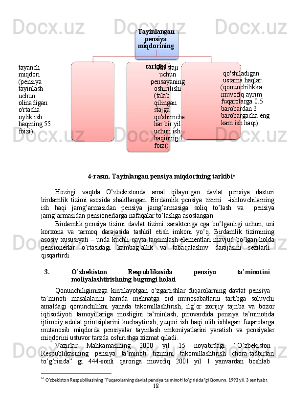 T ayinlangan  
pensiya  
m iqdorining  
tar k ibi  
ta y anch  
m iqdori  
(pensi y a  
ta y inlash  
uchun  
olinadigan  
o'rtacha  
o y lik   ish  
haqining   55  
foizi)   Ish   staji  
uchun  
pensa y aning     
oshirilishi  
(talab  
qilingan  
stajga  
qo'shi m cha  
har   bir   y il  
uchun   ish  
haqining   1  
foizi)   qo'shiladigan  
usta m a   haqlar  
(qonunchilikk a   
m uvofiq   a y ri m   
fuqarola r g a  0.5  
barobard a n   3  
baroba r gacha   eng  
ka m  ish   haqi)  
4- r as m . Tayi n la n gan pensiya  m iqdo r ining tar k ibi 13
  
Hozi r gi       vaqtda       O ’ zb e kistonda       a m al       qila y otgan       davl a t       pensi y a       d a stu r i
bi r da m lik   tizi m i   asosid a   sh a kll a ngan.   B i r da m lik   p e nsi y a   ti z i m i     -ishlov c hila r ning
ish      h a qi  ja m g ’ armasid a n      p e nsi y a  ja m g ’ ar m asiga      soliq  to ’ lash  va       pensi y a
ja m g ’ ar m asidan   p e nsione r la r ga   nafaq a lar to ’ lashga asosl a ng a n.   
Bi r da m lik  p e nsi y a   ti z i m i   davlat   ti z i m i   xa r akteriga  ega   bo ’ lganligi   u c hun,  uni
ko r xona     va     t a r m oq     daraj a sida     t a shkil     etish     i m koni     y o ’ q.     Birda m lik     tizi m ining
asosi y   xususi y ati – unda kuchli qa y ta taqsi m lash ele m entla r i   m avjud bo ’ lg a n hold a
p e nsione r la r   o ’ rt a sid a gi  ka m bag ’ allik  va  t a b a qalashuv  daraj a sini  se z ila r li
qisqarti r di.  
    
3.  O’zbe k isto n   Respubli k asi d a  pensiya  ta’ m i n oti n i   
m oliyalash t irish n i n g bug u ngi holati  
Qonunchiligi m izga   kiritila y otg a n   o ’ zg a rtishlar   f uqarola r ning   d a vl a t   pensi y a  
ta’ m inoti     m asalalarini     ha m da     m ehn a tg a     oid     m unosabatla r ni     ta r tibga     soluv c hi
a m ald a gi   qonunchilikni   y anada   tako m illashtirish,   ilg ’ or   xo r iji y   tajriba   va   bo z o r
iqtisodi y oti   ta m o y illariga   m osligini   ta ’m inl a sh,   pi r ova r dida   pensi y a   ta’ m inotid a
ijti m oi y   adol a t p r intsipl a rini  ku c ha y ti r ish,   y uqori  ish haqi olib ishl a g a n   f uqarola r g a
m utanosib   m iqdord a   pensi y alar   ta y inlash   i m koni y atlarini   y aratish   va   p e nsi y ala r
m iqdo r ini ustuvor tarzda   oshirishga   xiz m at qiladi.  
Vazirlar  M a hka m asining  2000  y il  15  no y abrd a gi  “ O ’ zbekiston
Respublik a sining      p e nsi y a       ta’ m inoti       ti z i m ini       t a ko m illashti r ish       chora-t a dbi r la r i
to ’ g ’ risida”     gi     444 - sonli     qa r origa     m uvofiq     2001     y il     1     yanva r dan     boshl a b  
                                              
13
 O’zbekiston Respublikasining “Fuqarolarning davlat pensiya ta’minoti to’g’risida”gi Qonunn. 1993 yil. 3 sentyabr.  
18   