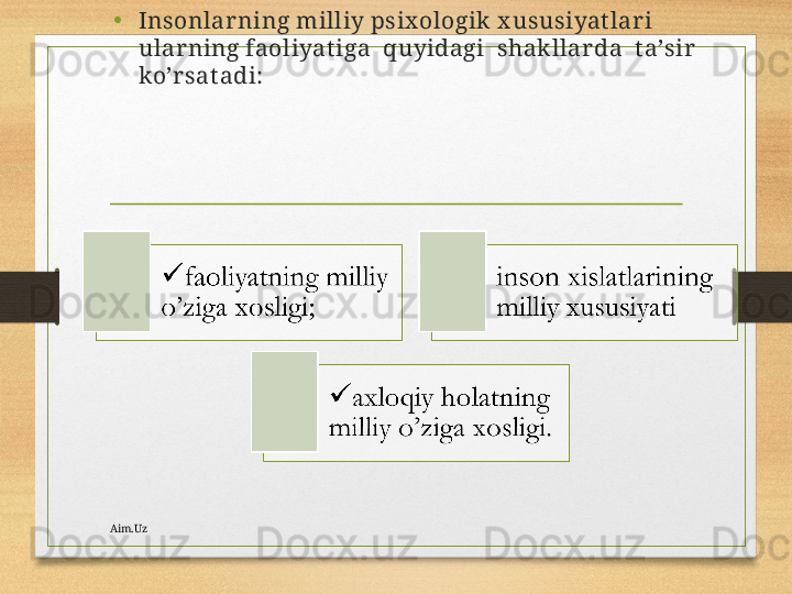 •
Insоnlаr ning milliy psiхоlоgik  х ususiyat lаr i 
ulаr ning fаоliyat igа  quyidаgi  shаkllаr dа  t а’sir  
ko’r sаt аdi:
Aim.Uz 