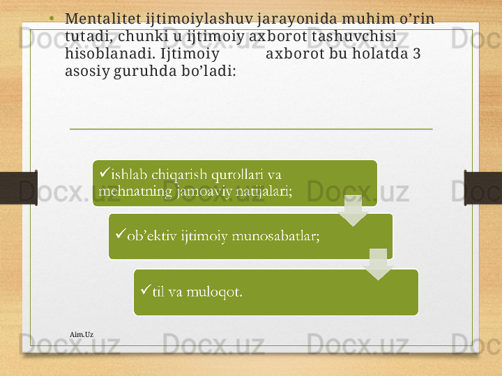 •
Mеnt аlit еt  ijt imоiylаshuv jаr аyonidа muhim o’r in 
t ut аdi, chunki u ijt imоiy ах bоr оt  t аshuvchisi 
hisоblаnаdi.  Ijt imоiy              ах bоr оt  bu hоlаt dа 3 
аsоsiy gur uhdа bo’lаdi:
Aim.Uz 