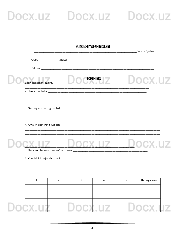 KURS ISHI TOPSHIRIQLARI
   _________________________________________________________________fani bo'yicha
 
Guruh ___________ talaba ______________________________________________________ 
Rahbar _______________________________________________________________________ 
   TOPSHIRIQ
1.Ishlanadigan  mavzu ___________________________________________________________
______________________________________________________________________________
2.  Ilmiy manbalar______________________________________________________________
_____________________________________________________________________________________
_____________________________________________________________________________________
________________________________________________________________
3. Nazariy qismining tuzilishi
_____________________________________________________________________________________
_____________________________________________________________________________________
_____________________________________________________________
4. Amaliy qismining tuzilishi
_____________________________________________________________________________________
_____________________________________________________________________________________
_____________________________________________________________
_____________________________________________________________________________________
_____________________________________________________________________
5. Qo'shimcha vazifa va ko'rsatmalar _______________________________________________
_____________________________________________________________________________
6. Kurs ishini bajarish rejasi ______________________________________________________
_____________________________________________________________________________________
_____________________________________________________________________
1 2 3 4 5 Himoyalandi
30 