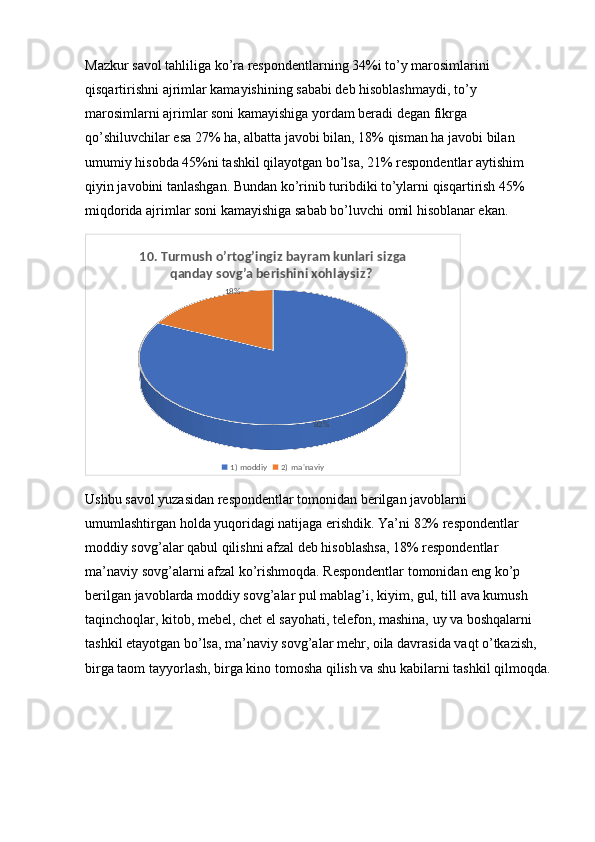 Mazkur savol tahliliga ko’ra respondentlarning 34%i to’y marosimlarini 
qisqartirishni ajrimlar kamayishining sababi deb hisoblashmaydi, to’y 
marosimlarni ajrimlar soni kamayishiga yordam beradi degan fikrga 
qo’shiluvchilar esa 27% ha, albatta javobi bilan, 18% qisman ha javobi bilan 
umumiy hisobda 45%ni tashkil qilayotgan bo’lsa, 21% respondentlar aytishim 
qiyin javobini tanlashgan. Bundan ko’rinib turibdiki to’ylarni qisqartirish 45% 
miqdorida ajrimlar soni kamayishiga sabab bo’luvchi omil hisoblanar ekan.
82%18%10. Turmush o’rtog’ingiz bayram kunlari sizga 
qanday sovg’a berishini xohlaysiz? 
1) moddiy 2) ma'naviy
Ushbu savol yuzasidan respondentlar tomonidan berilgan javoblarni 
umumlashtirgan holda yuqoridagi natijaga erishdik. Ya’ni 82% respondentlar 
moddiy sovg’alar qabul qilishni afzal deb hisoblashsa, 18% respondentlar 
ma’naviy sovg’alarni afzal ko’rishmoqda. Respondentlar tomonidan eng ko’p 
berilgan javoblarda moddiy sovg’alar pul mablag’i, kiyim, gul, till ava kumush 
taqinchoqlar, kitob, mebel, chet el sayohati, telefon, mashina, uy va boshqalarni 
tashkil etayotgan bo’lsa, ma’naviy sovg’alar mehr, oila davrasida vaqt o’tkazish, 
birga taom tayyorlash, birga kino tomosha qilish va shu kabilarni tashkil qilmoqda. 