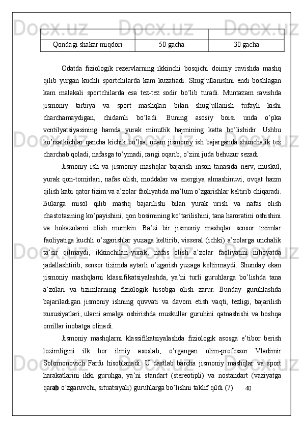40
40Qondagi shakar miqdori 50 gacha 30 gacha
Odatda   fiziologik   rezervlarning   ikkinchi   bosqichi   doimiy   ravishda   mashq
qilib   yurgan   kuchli   sportchilarda   kam   kuzatiadi.   Shug’ullanishni   endi   boshlagan
kam   malakali   sportchilarda   esa   tez-tez   sodir   bo’lib   turadi.   Muntazam   ravishda
jismoniy   tarbiya   va   sport   mashqlari   bilan   shug’ullanish   tufayli   kishi
charchamaydigan,   chidamli   bo’ladi.   Buning   asosiy   boisi   unda   o’pka
ventilyatsiyasining   hamda   yurak   minutlik   hajmining   katta   bo’lishidir.   Ushbu
ko’rsatkichlar qancha kichik bo’lsa, odam jismoniy ish bajarganda shunchalik tez
charchab qoladi, nafasga to’ymadi, rangi oqarib, o’zini juda behuzur sezadi.
Jismoniy   ish   va   jismoniy   mashqlar   bajarish   inson   tanasida   nerv,   muskul,
yurak   qon-tomirlari,   nafas   olish,   moddalar   va   energiya   almashinuvi,   ovqat   hazm
qilish kabi qator tizim va a’zolar faoliyatida ma’lum o’zgarishlar keltirib chiqaradi.
Bularga   misol   qilib   mashq   bajarilishi   bilan   yurak   urish   va   nafas   olish
chastotasining ko’payishini, qon bosimining ko’tarilishini, tana haroratini oshishini
va   hokazolarni   olish   mumkin.   Ba’zi   bir   jismoniy   mashqlar   sensor   tizimlar
faoliyatiga   kuchli   o’zgarishlar   yuzaga   keltirib,   visseral   (ichki)   a’zolarga   unchalik
ta’sir   qilmaydi,   ikkinchilari-yurak,   nafas   olish   a’zolar   faoliyatini   nihoyatda
jadallashtirib,   sensor   tizimda   aytarli   o’zgarish   yuzaga   keltirmaydi.   Shunday   ekan
jismoniy   mashqlarni   klassifikatsiyalashda,   ya’ni   turli   guruhlarga   bo’lishda   tana
a’zolari   va   tizimlarning   fiziologik   hisobga   olish   zarur.   Bunday   guruhlashda
bajariladigan   jismoniy   ishning   quvvati   va   davom   etish   vaqti,   tezligi,   bajarilish
xususiyatlari,   ularni   amalga   oshirishda   muskullar   guruhini   qatnashishi   va   boshqa
omillar inobatga olinadi.
Jismoniy   mashqlarni   klassifikatsiyalashda   fiziologik   asosga   e’tibor   berish
lozimligini   ilk   bor   ilmiy   asoslab,   o’rgangan   olim-professor   Vladimir
Solomonovich   Farfu   hisoblanadi.   U   dastlab   barcha   jismoniy   mashqlar   va   sport
harakatlarini   ikki   guruhga,   ya’ni   standart   (stereotipli)   va   nostandart   (vaziyatga
qarab o’zgaruvchi, situatsiyali) guruhlarga bo’lishni taklif qildi (7). 