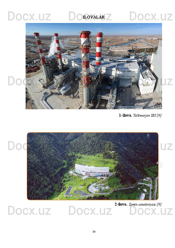 ILOVALAR
1-ilova.  Tallimarjon IES [9].
2-ilova.  Zomin sanatoriyasi [9].
34 