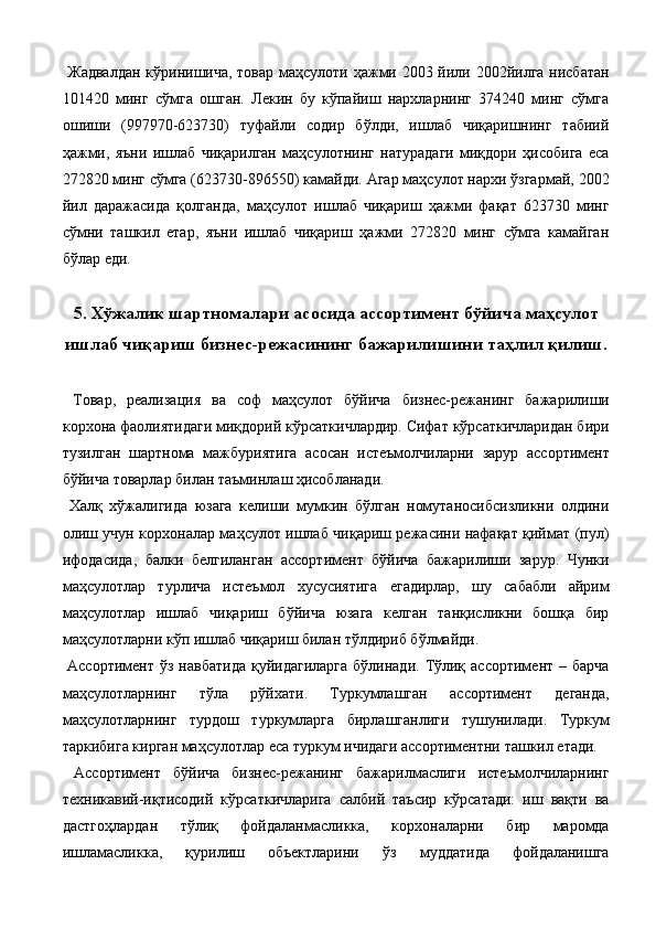 Жадвалдан  кўринишича, товар маҳсулоти ҳажми 2003 йили 2002йилга нисбатан
101420   минг   сўмга   ошган.   Лекин   бу   кўпайиш   нархларнинг   374240   минг   сўмга
ошиши   (997970-623730)   туфайли   содир   бўлди,   ишлаб   чиқаришнинг   табиий
ҳажми,   яъни   ишлаб   чиқарилган   маҳсулотнинг   натурадаги   миқдори   ҳисобига   eса
272820 минг сўмга (623730-896550) камайди. Агар маҳсулот нархи ўзгармай, 2002
йил   даражасида   қолганда,   маҳсулот   ишлаб   чиқариш   ҳажми   фақат   623730   минг
сўмни   ташкил   eтар,   яъни   ишлаб   чиқариш   ҳажми   272820   минг   сўмга   камайган
бўлар eди. 
 
5. Хўжалик шартномалари асосида ассортимент бўйича маҳсулот
ишлаб чиқариш бизнес-режасининг бажарилишини таҳлил қилиш.
 
  Товар,   реализация   ва   соф   маҳсулот   бўйича   бизнес-режанинг   бажарилиши
корхона фаолиятидаги миқдорий кўрсаткичлардир. Сифат кўрсаткичларидан бири
тузилган   шартнома   мажбуриятига   асосан   истеъмолчиларни   зарур   ассортимент
бўйича товарлар билан таъминлаш ҳисобланади. 
  Халқ   хўжалигида   юзага   келиши   мумкин   бўлган   номутаносибсизликни   олдини
олиш учун корхоналар маҳсулот ишлаб чиқариш режасини нафақат қиймат (пул)
ифодасида,   балки   белгиланган   ассортимент   бўйича   бажарилиши   зарур.   Чунки
маҳсулотлар   турлича   истеъмол   хусусиятига   eгадирлар,   шу   сабабли   айрим
маҳсулотлар   ишлаб   чиқариш   бўйича   юзага   келган   танқисликни   бошқа   бир
маҳсулотларни кўп ишлаб чиқариш билан тўлдириб бўлмайди. 
  Ассортимент  ўз  навбатида   қуйидагиларга  бўлинади.  Тўлиқ  ассортимент  – барча
маҳсулотларнинг   тўла   рўйхати.   Туркумлашган   ассортимент   деганда,
маҳсулотларнинг   турдош   туркумларга   бирлашганлиги   тушунилади.   Туркум
таркибига кирган маҳсулотлар eса туркум ичидаги ассортиментни ташкил eтади. 
  Ассортимент   бўйича   бизнес-режанинг   бажарилмаслиги   истеъмолчиларнинг
техникавий-иқтисодий   кўрсаткичларига   салбий   таъсир   кўрсатади:   иш   вақти   ва
дастгоҳлардан   тўлиқ   фойдаланмасликка,   корхоналарни   бир   маромда
ишламасликка,   қурилиш   объектларини   ўз   муддатида   фойдаланишга