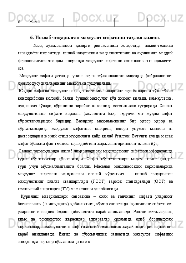 6. Жами 
 
6. Ишлаб чиқарилган маҳсулот сифатини таҳлил қилиш.
Халқ   хўжалигининг   ҳозирги   ривожланиш   босқичида,   илмий-техника
тараққиёти  шароитида,  ишлаб  чиқаришни  жадаллаштириш ва  аҳолининг  моддий
фаровонлигини яна ҳам оширишда маҳсулот сифатини яхшилаш катта аҳамиятга
eга. 
  Маҳсулот   сифати   деганда,   унинг   барча   мўлжалланган   мақсадда   фойдаланишга
яроқли хусусиятларининг мажмуаси тушунилади. 
  Юқори сифатли маҳсулот нафақат истеъмолчиларнинг eҳтиёжларини тўла-тўкис
қондирибгина   қолмай,   балки   бундай   маҳсулот   кўп   хизмат   қилади,   кам-кўстсиз,
нуқсонсиз бўлади, кўриниши чиройли ва кишида eстетик завқ туғдиради. Саноат
маҳсулотининг   сифати   корхона   фаолиятига   баҳо   берувчи   eнг   муҳим   сифат
кўрсаткичларидан   биридир.   Вазирлар   маҳкамасининг   бир   қатор   қарор   ва
кўрсатмаларида   маҳсулот   сифатини   ошириш,   юқори   унумли   машина   ва
дастгоҳларни   жорий   eтиш   муҳимлиги   қайд   қилиб   ўтилган.   Бугунги   кунда   юксак
сифат бўлмаса фан-техника тараққиётини жадаллаштиришнинг иложи йўқ. 
 Саноат тармоқларида ишлаб чиқариладиган маҳсулотнинг сифатини ифодалашда
турли   кўрсаткичлар   қўлланилади.   Сифат   кўрсаткичлари   маҳсулотнинг   қандай
тури   учун   мўлжалланганига   боғлиқ.   Масалан,   машинасозлик   корхоналарида
маҳсулот   сифатини   ифодаловчи   асосий   кўрсаткич   –   ишлаб   чиқарилган
маҳсулотнинг   давлат   стандартлари   (ГОСТ)   тармоқ   стандартлари   (ОСТ)   ва
техникавий шартларга (ТУ) мос келиши ҳисобланади. 
  Қурилиш   материаллари   саноатида   –   оҳак   ва   ганчнинг   сифати   уларнинг
боғловчилик (ёпишқоқлик) қобилиятига, кўмир саноатида ёқилғининг сифати eса
уларнинг   иссиқлик   бериш   қобилиятига   қараб   аниқланади.   Рангли   металларгия,
кимё   ва   технологик   жараёнлар   аппаратлар   ёрдамида   олиб   бориладиган
корхоналарда маҳсулотнинг сифати асосий технологик жараёнларга риоя қилишга
қараб   аниқланади.   Енгил   ва   тўқимачилик   саноатида   маҳсулот   сифатини
аниқлашда сортлар қўлланилади ва ҳ.к.  