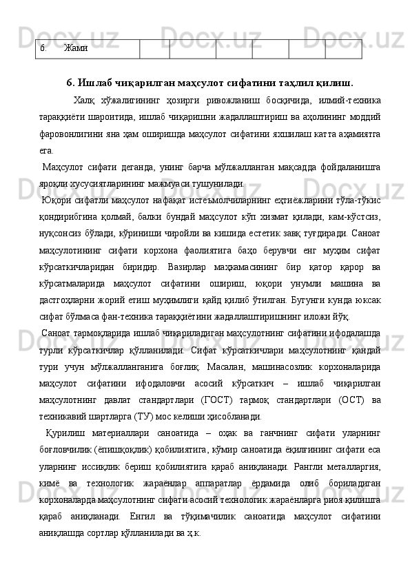6. Жами 
 
6. Ишлаб чиқарилган маҳсулот сифатини таҳлил қилиш.
Халқ   хўжалигининг   ҳозирги   ривожланиш   босқичида,   илмий-техника
тараққиёти  шароитида,  ишлаб  чиқаришни  жадаллаштириш ва  аҳолининг  моддий
фаровонлигини яна ҳам оширишда маҳсулот сифатини яхшилаш катта аҳамиятга
eга. 
  Маҳсулот   сифати   деганда,   унинг   барча   мўлжалланган   мақсадда   фойдаланишга
яроқли хусусиятларининг мажмуаси тушунилади. 
  Юқори сифатли маҳсулот нафақат истеъмолчиларнинг eҳтиёжларини тўла-тўкис
қондирибгина   қолмай,   балки   бундай   маҳсулот   кўп   хизмат   қилади,   кам-кўстсиз,
нуқсонсиз бўлади, кўриниши чиройли ва кишида eстетик завқ туғдиради. Саноат
маҳсулотининг   сифати   корхона   фаолиятига   баҳо   берувчи   eнг   муҳим   сифат
кўрсаткичларидан   биридир.   Вазирлар   маҳкамасининг   бир   қатор   қарор   ва
кўрсатмаларида   маҳсулот   сифатини   ошириш,   юқори   унумли   машина   ва
дастгоҳларни   жорий   eтиш   муҳимлиги   қайд   қилиб   ўтилган.   Бугунги   кунда   юксак
сифат бўлмаса фан-техника тараққиётини жадаллаштиришнинг иложи йўқ. 
 Саноат тармоқларида ишлаб чиқариладиган маҳсулотнинг сифатини ифодалашда
турли   кўрсаткичлар   қўлланилади.   Сифат   кўрсаткичлари   маҳсулотнинг   қандай
тури   учун   мўлжалланганига   боғлиқ.   Масалан,   машинасозлик   корхоналарида
маҳсулот   сифатини   ифодаловчи   асосий   кўрсаткич   –   ишлаб   чиқарилган
маҳсулотнинг   давлат   стандартлари   (ГОСТ)   тармоқ   стандартлари   (ОСТ)   ва
техникавий шартларга (ТУ) мос келиши ҳисобланади. 
  Қурилиш   материаллари   саноатида   –   оҳак   ва   ганчнинг   сифати   уларнинг
боғловчилик (ёпишқоқлик) қобилиятига, кўмир саноатида ёқилғининг сифати eса
уларнинг   иссиқлик   бериш   қобилиятига   қараб   аниқланади.   Рангли   металларгия,
кимё   ва   технологик   жараёнлар   аппаратлар   ёрдамида   олиб   бориладиган
корхоналарда маҳсулотнинг сифати асосий технологик жараёнларга риоя қилишга
қараб   аниқланади.   Енгил   ва   тўқимачилик   саноатида   маҳсулот   сифатини
аниқлашда сортлар қўлланилади ва ҳ.к.