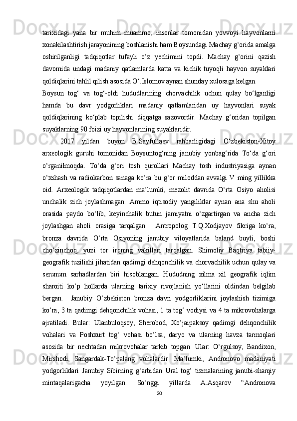 tarixidagi   yana   bir   muhim   muammo,   insonlar   tomonidan   yovvoyi   hayvonlarni
xonakilashtirish jarayonining boshlanishi ham Boysundagi Machay g‘orida amalga
oshirilganligi   tadqiqotlar   tufayli   o‘z   yechimini   topdi.   Machay   g‘orini   qazish
davomida   undagi   madaniy   qatlamlarda   katta   va   kichik   tuyoqli   hayvon   suyaklari
qoldiqlarini tahlil qilish asosida O‘.Islomov aynan shunday xulosaga kelgan. 
Boysun   tog‘   va   tog‘-oldi   hududlarining   chorvachilik   uchun   qulay   bo‘lganligi
hamda   bu   davr   yodgorliklari   madaniy   qatlamlaridan   uy   hayvonlari   suyak
qoldiqlarining   ko‘plab   topilishi   diqqatga   sazovordir.   Machay   g‘oridan   topilgan
suyaklarning 90 foizi uy hayvonlarining suyaklaridir. 
2017   yildan   buyon   B.Sayfullaev   rahbarligidagi   O‘zbekiston-Xitoy
arxeologik   guruhi   tomonidan   Boysuntog‘ning   janubiy   yonbag‘rida   To‘da   g‘ori
o‘rganilmoqda.   To‘da   g‘ori   tosh   qurollari   Machay   tosh   industriyasiga   aynan
o‘xshash   va   radiokarbon   sanaga   ko‘ra   bu   g‘or   miloddan   avvalgi   V   ming   yillikka
oid.   Arxeologik   tadqiqotlardan   ma’lumki,   mezolit   davrida   O‘rta   Osiyo   aholisi
unchalik   zich   joylashmagan.   Ammo   iqtisodiy   yangiliklar   aynan   ana   shu   aholi
orasida   paydo   bo‘lib,   keyinchalik   butun   jamiyatni   o‘zgartirgan   va   ancha   zich
joylashgan   aholi   orasiga   tarqalgan.     Antropolog   T.Q.Xodjayov   fikriga   ko‘ra,
bronza   davrida   O‘rta   Osiyoning   janubiy   viloyatlarida   baland   buyli,   boshi
cho‘zinchoq,   yuzi   tor   irqning   vakillari   tarqalgan.   Shimoliy   Baqtriya   tabiiy-
geografik tuzilishi jihatidan qadimgi dehqonchilik va chorvachilik uchun qulay va
serunum   sarhadlardan   biri   hisoblangan.   Hududning   xilma   xil   geografik   iqlim
sharoiti   ko‘p   hollarda   ularning   tarixiy   rivojlanish   yo‘llarini   oldindan   belgilab
bergan.     Janubiy   O‘zbekiston   bronza   davri   yodgorliklarini   joylashish   tizimiga
ko‘ra, 3 ta qadimgi dehqonchilik vohasi, 1 ta tog‘ vodiysi va 4 ta mikrovohalarga
ajratiladi.   Bular:   Ulanbuloqsoy,   Sherobod,   Xo‘jaipaksoy   qadimgi   dehqonchilik
vohalari   va   Poshxurt   tog‘   vohasi   bo‘lsa,   daryo   va   ularning   havza   tarmoqlari
asosida   bir   nechtadan   mikrovohalar   tarkib   topgan.   Ular:   O‘rgulsoy,   Bandixon,
Mirshodi,   Sangardak-To‘palang   vohalardir.   Ma’lumki,   Andronovo   madaniyati
yodgorliklari   Janubiy   Sibirning   g‘arbidan   Ural   tog‘   tizmalarining   janubi-sharqiy
mintaqalarigacha   yoyilgan.   So‘nggi   yillarda   A.Asqarov   “Andronova
20 