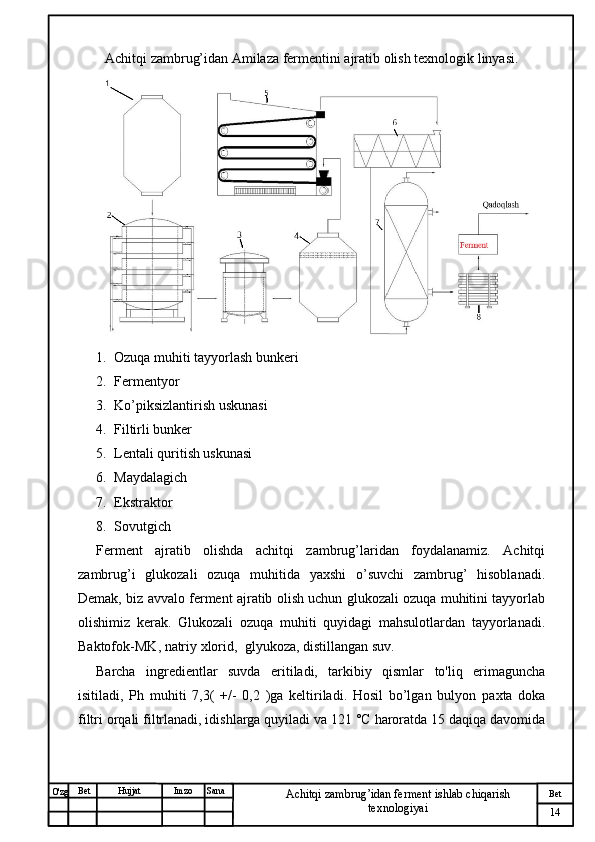 № Хужжат
Изм
14Bet
Achitqi zambrug’idan ferment ishlab chiqarish 
texnologiyaiSanaImzoBet
Hujjat
O'zg Achitqi zambrug’idan Amilaza fermentini ajratib olish texnologik linyasi.
1. Ozuqa muhiti tayyorlash bunkeri
2. Fermentyor
3. Ko’piksizlantirish uskunasi
4. Filtirli bunker
5. Lentali quritish uskunasi
6. Maydalagich
7. Ekstraktor
8. Sovutgich
Ferment   ajratib   olishda   achitqi   zambrug’laridan   foydalanamiz.   Achitqi
zambrug’i   glukozali   ozuqa   muhitida   yaxshi   o’suvchi   zambrug’   hisoblanadi.
Demak, biz avvalo ferment ajratib olish uchun glukozali ozuqa muhitini tayyorlab
olishimiz   kerak.   Glukozali   ozuqa   muhiti   quyidagi   mahsulotlardan   tayyorlanadi.
Baktofok-MK , n atriy xlorid ,  gl yukoza ,  distillangan suv .
Barcha   ingredientlar   suvda   eritiladi,   tarkibiy   qismlar   to'liq   erimaguncha
isitiladi,   Ph   muhiti   7,3(   +/-   0,2   )ga   keltiriladi.   Hosil   bo’lgan   bulyon   paxta   doka
filtri orqali filtrlanadi, idishlarga quyiladi va 121 °C haroratda 15 daqiqa davomida 