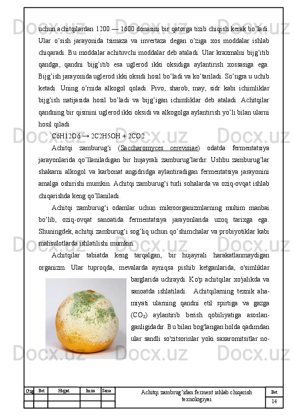 № Хужжат
Изм
14Bet
Achitqi zambrug’idan ferment ishlab chiqarish 
texnologiyaiSanaImzoBet
Hujjat
O'zg uchun achitqilardan 1200 — 1600 donasini bir qatorga tizib chiqish kerak bo’ladi.
Ular   o’sish   jarayonida   tsimaza   va   invertaza   degan   o’ziga   xos   moddalar   ishlab
chiqaradi. Bu moddalar achituvchi  moddalar deb ataladi. Ular kraxmalni bijg’itib
qandga,   qandni   bijg’itib   esa   uglerod   ikki   oksidiga   aylantirish   xossasiga   ega.
Bijg’ish jarayonida uglerod ikki oksidi hosil bo’ladi va ko’tariladi. So’ngra u uchib
ketadi.   Uning   o’rnida   alkogol   qoladi.   Pivo,   sharob,   may,   sidr   kabi   ichimliklar
bijg’ish   natijasida   hosil   bo’ladi   va   bijg’igan   ichimliklar   deb   ataladi.   Achitqilar
qandning bir qismini uglerod ikki oksidi va alkogolga aylantirish yo’li bilan ularni
hosil qiladi 
C6H12O6   →   2C2H5OH   +   2CO2
Achitqi   zamburug‘i   ( Saccharomyces   cerevisiae )   odatda   fermentatsiya
jarayonlarida   qo’llaniladigan   bir   hujayrali   zamburug’lardir.   Ushbu   zamburug’lar
shakarni   alkogol   va   karbonat   angidridga   aylantiradigan   fermentatsiya   jarayonini
amalga oshirishi mumkin. Achitqi zamburug‘i turli sohalarda va oziq-ovqat ishlab
chiqarishda keng qo’llaniladi.  
Achitqi   zamburug‘i   odamlar   uchun   mikroorganizmlarning   muhim   manbai
bo’lib,   oziq-ovqat   sanoatida   fermentatsiya   jarayonlarida   uzoq   tarixga   ega.
Shuningdek, achitqi zamburug‘i sog’liq uchun qo’shimchalar va probiyotiklar kabi
mahsulotlarda ishlatilishi mumkin.
Achitqilar   tabiatda   keng   tarqalgan,   bir   hujayrali   harakatlanmaydigan
organizm.   Ular   tuproqda,   mevalarda   ayniqsa   pishib   ketganlarida,   o'simliklar
barglarida uchraydi. Ko'p achitqilar  xo'jalikda  va
sanoatda   ishlatiladi.     Achitqilarning   texnik   aha -
miyati   ularning   qandni   etil   spirtiga   va   gazga
(CO )   aylantirib   berish   qobiliyatiga   asoslan₂ -
ganligidadir. Bu bilan bog'langan holda qadimdan
ular   sandli   so'zitsorinlar   yoki   saxaromitsitlar   no - 