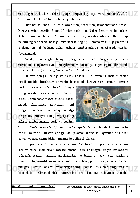 № Хужжат
Изм
14Bet
Achitqi zambrug’idan ferment ishlab chiqarish 
texnologiyaiSanaImzoBet
Hujjat
O'zg mini   olgan.   Achitqilar   tarkibida   yuqori   miqdor-dagi   oqsil   va   vitaminlar   (V   V2,₁
V3, nikotin kis-lotasi) tutgani bilan ajralib turadi.  
Ular   har   xil   shaklli   elliptik,   ovalsimon,   sharsimon ,   tayoqchasimon   bo'ladi.
Hujayralarning   uzunligi   5   dan   12   mkm   gacha,   eni   3   dan   8   mkm   gacha   bo'ladi.
Achitqi zamburug'larning o'lchami doimiy bo'lmay, o'sish shart- sharoitlari, ozuqa
muhitining   tarkibi   va   boshqa   kattaliklarga   bog'liq.   Hamma   yosh   hujayralarning
o'lchami   bir   xil   bo'lgani   uchun   achitqi   zamburug'larini   tavsiflashda   ulardan
foydalaniladi. 
Achitqi   zamburug'lari   hujayra   qobigi,   unga   yopishib   turgan   sitoplazmatik
membrana, sitoplazma (yoki protoplazma) va unda joylashgan organiodlar hamda
ozuqa moddalari (yog'lar, glikogen, volytin)dan iborat.
Hujayra   qobig'i   -   yupqa   va   elastik   bo'ladi.   U   hujayraning   shaklini   saqlab
turadi,   modda   almashinuv   jarayonini   boshqaradi,   hujayra   ichi   osmotik   bosimini
ma'lum   darajada   ushlab   turadi.   Hujayra
qobig'i orqali hujayraga uning oziqlanishi,
o'sishi  uchun zarur moddalar kirib turadi,
modda   almashinuv   jarayonida   hosil
bo'lgan   moddalar   esa   tashqi   muhitga
chiqariladi.   Hujayra   qobig'ining   qalinligi
achitqi   zamburug'ining   yoshi   va   holatiga
bog'liq.   Yosh   hujayrada   0,5   mkm   gacha,   qarilarida   qalinlashib   1   mkm   gacha
borishi   mumkin.   Hujayra   qobig'i   ikki   qavatdan   iborat.   Bu   qavatlar   bir-biridan
glykan va mannan moddalarining miqdori bilan   farqlanadi.  
Sitoplazmani   sitoplazmatik   membrana   o'rab   turadi.   Sitoplazmatik   membrana
suv   va   unda   molekulyar   massasi   uncha   katta   bo'lmagan   erigan   moddalarni
o'tkazadi.   Bundan   tashqari   sitoplazmatik   membrana   osmotik   to'siq   vazifasini
o'taydi.   Sitoplazmatik   membrana   nuklein   kislotalar,   protein   va   polisaxaridlardan
tuzilgan.   Ayrim   achitqi   zamburug'larining   qobig'i   rivojlanishning   ma'lum
bosqichida   shilimshiqlanish   xususiyatiga   ega.   Natijada   hujayralar   yopishib 
