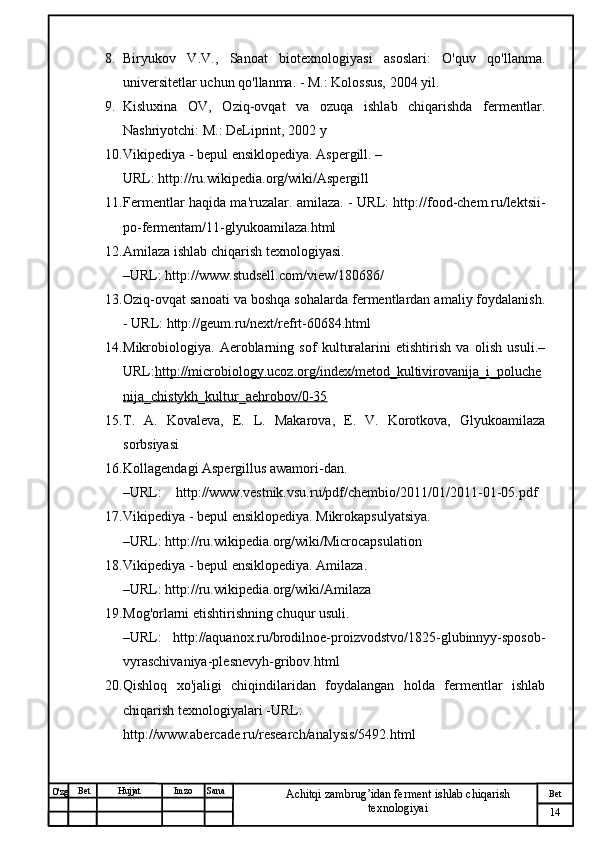 № Хужжат
Изм
14Bet
Achitqi zambrug’idan ferment ishlab chiqarish 
texnologiyaiSanaImzoBet
Hujjat
O'zg 8. Biryukov   V.V.,   Sanoat   biotexnologiyasi   asoslari:   O'quv   qo'llanma.
universitetlar uchun qo'llanma. - M.: Kolossus, 2004 yil.
9. Kisluxina   OV,   Oziq-ovqat   va   ozuqa   ishlab   chiqarishda   fermentlar.
Nashriyotchi: M.: DeLiprint, 2002 y
10. Vikipediya - bepul ensiklopediya. Aspergill. – 
URL: http://ru.wikipedia.org/wiki/Aspergill
11. Fermentlar haqida ma'ruzalar. amilaza. - URL: http://food-chem.ru/lektsii-
po-fermentam/11-glyukoamilaza.html
12. Amilaza ishlab chiqarish texnologiyasi. 
–URL: http://www.studsell.com/view/180686/
13. Oziq-ovqat sanoati va boshqa sohalarda fermentlardan amaliy foydalanish.
- URL: http://geum.ru/next/refrt-60684.html
14. Mikrobiologiya.   Aeroblarning   sof   kulturalarini   etishtirish   va   olish   usuli.–
URL: http://microbiology.ucoz.org/index/metod_kultivirovanija_i_poluche
nija_chistykh_kultur_aehrobov/0-35
15. T.   A.   Kovaleva,   E.   L.   Makarova,   E.   V.   Korotkova,   Glyukoamilaza
sorbsiyasi
16. Kollagendagi Aspergillus awamori-dan. 
–URL:    http://www.vestnik.vsu.ru/pdf/chembio/2011/01/2011-01-05.pdf
17. Vikipediya - bepul ensiklopediya. Mikrokapsulyatsiya.
–URL: http://ru.wikipedia.org/wiki/Microcapsulation
18. Vikipediya - bepul ensiklopediya. Amilaza.
–URL: http://ru.wikipedia.org/wiki/Amilaza
19. Mog'orlarni etishtirishning chuqur usuli. 
–URL:   http://aquanox.ru/brodilnoe-proizvodstvo/1825-glubinnyy-sposob-
vyraschivaniya-plesnevyh-gribov.html
20. Qishloq   xo'jaligi   chiqindilaridan   foydalangan   holda   fermentlar   ishlab
chiqarish texnologiyalari -URL:
http://www.abercade.ru/research/analysis/5492.html 