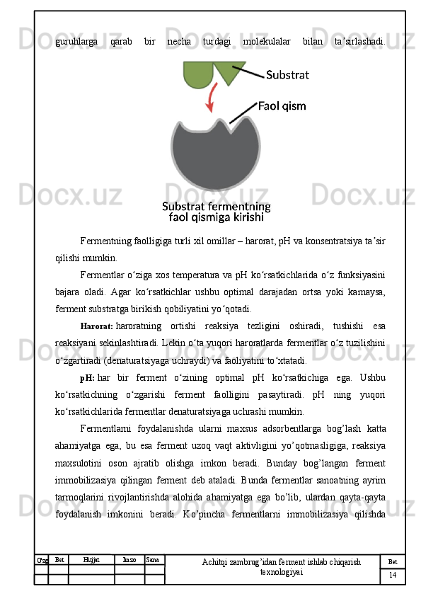 № Хужжат
Изм
14Bet
Achitqi zambrug’idan ferment ishlab chiqarish 
texnologiyaiSanaImzoBet
Hujjat
O'zg guruhlarga   qarab   bir   necha   turdagi   molekulalar   bilan   ta sirlashadi.ʼ
Fermentning faolligiga turli xil omillar – harorat, pH va konsentratsiya ta sir	
ʼ
qilishi mumkin.
Fermentlar o ziga xos temperatura va pH ko rsatkichlarida o z funksiyasini	
ʻ ʻ ʻ
bajara   oladi.   Agar   ko rsatkichlar   ushbu   optimal   darajadan   ortsa   yoki   kamaysa,	
ʻ
ferment substratga birikish qobiliyatini yo qotadi.	
ʻ
Harorat:   haroratning   ortishi   reaksiya   tezligini   oshiradi,   tushishi   esa
reaksiyani sekinlashtiradi. Lekin o ta yuqori haroratlarda fermentlar o z tuzilishini	
ʻ ʻ
o zgartiradi (denaturatsiyaga uchraydi) va faoliyatini to xtatadi.	
ʻ ʻ
pH:   har   bir   ferment   o zining   optimal   pH   ko rsatkichiga   ega.   Ushbu	
ʻ ʻ
ko rsatkichning   o zgarishi   ferment   faolligini   pasaytiradi.   pH   ning   yuqori	
ʻ ʻ
ko rsatkichlarida fermentlar denaturatsiyaga uchrashi mumkin.
ʻ
Fermentlarni   foydalanishda   ularni   maxsus   adsorbentlarga   bog ’ lash   katta
ahamiyatga   ega,   bu   esa   ferment   uzoq   vaqt   aktivligini   yo’qotmasligiga,   reaksiya
maxsulotini   oson   ajratib   olishga   imkon   beradi.   Bunday   bog’langan   ferment
immobilizasiya   qilingan   ferment   deb   ataladi.   Bunda   fermentlar   sanoatning   ayrim
tarmoqlarini   rivojlantirishda   alohida   ahamiyatga   ega   bo’lib,   ulardan   qayta-qayta
foydalanish   imkonini   beradi.   Ko’pincha   fermentlarni   immobilizasiya   qilishda 