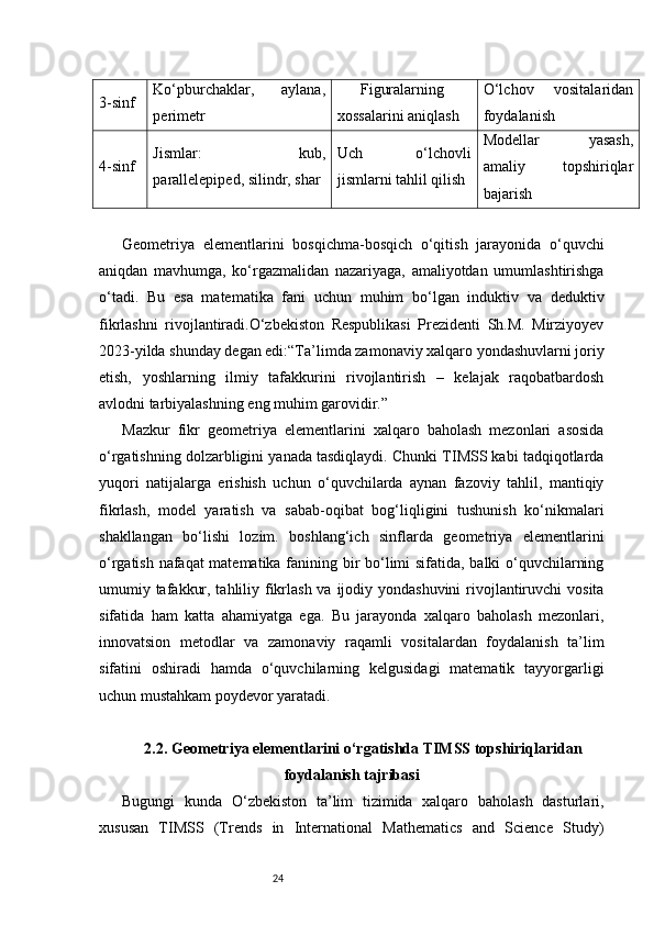 243-sinf Ko‘pburchaklar,   aylana,
perimetr Figuralarning
xossalarini aniqlash O‘lchov   vositalaridan
foydalanish
4-sinf Jismlar:   kub,
parallelepiped, silindr, shar Uch   o‘lchovli
jismlarni tahlil qilish Modellar   yasash,
amaliy   topshiriqlar
bajarish
Geometriya   elementlarini   bosqichma-bosqich   o‘qitish   jarayonida   o‘quvchi
aniqdan   mavhumga,   ko‘rgazmalidan   nazariyaga,   amaliyotdan   umumlashtirishga
o‘tadi.   Bu   esa   matematika   fani   uchun   muhim   bo‘lgan   induktiv   va   deduktiv
fikrlashni   rivojlantiradi.O‘zbekiston   Respublikasi   Prezidenti   Sh.M.   Mirziyoyev
2023-yilda shunday degan edi:“Ta’limda zamonaviy xalqaro yondashuvlarni joriy
etish,   yoshlarning   ilmiy   tafakkurini   rivojlantirish   –   kelajak   raqobatbardosh
avlodni tarbiyalashning eng muhim garovidir.”
Mazkur   fikr   geometriya   elementlarini   xalqaro   baholash   mezonlari   asosida
o‘rgatishning dolzarbligini yanada tasdiqlaydi. Chunki TIMSS kabi tadqiqotlarda
yuqori   natijalarga   erishish   uchun   o‘quvchilarda   aynan   fazoviy   tahlil,   mantiqiy
fikrlash,   model   yaratish   va   sabab-oqibat   bog‘liqligini   tushunish   ko‘nikmalari
shakllangan   bo‘lishi   lozim.   boshlang‘ich   sinflarda   geometriya   elementlarini
o‘rgatish nafaqat matematika fanining bir bo‘limi sifatida, balki o‘quvchilarning
umumiy tafakkur, tahliliy fikrlash va ijodiy yondashuvini  rivojlantiruvchi  vosita
sifatida   ham   katta   ahamiyatga   ega.   Bu   jarayonda   xalqaro   baholash   mezonlari,
innovatsion   metodlar   va   zamonaviy   raqamli   vositalardan   foydalanish   ta’lim
sifatini   oshiradi   hamda   o‘quvchilarning   kelgusidagi   matematik   tayyorgarligi
uchun mustahkam poydevor yaratadi.
2.2. Geometriya elementlarini o‘rgatishda TIMSS topshiriqlaridan
foydalanish tajribasi
Bugungi   kunda   O‘zbekiston   ta’lim   tizimida   xalqaro   baholash   dasturlari,
xususan   TIMSS   (Trends   in   International   Mathematics   and   Science   Study) 